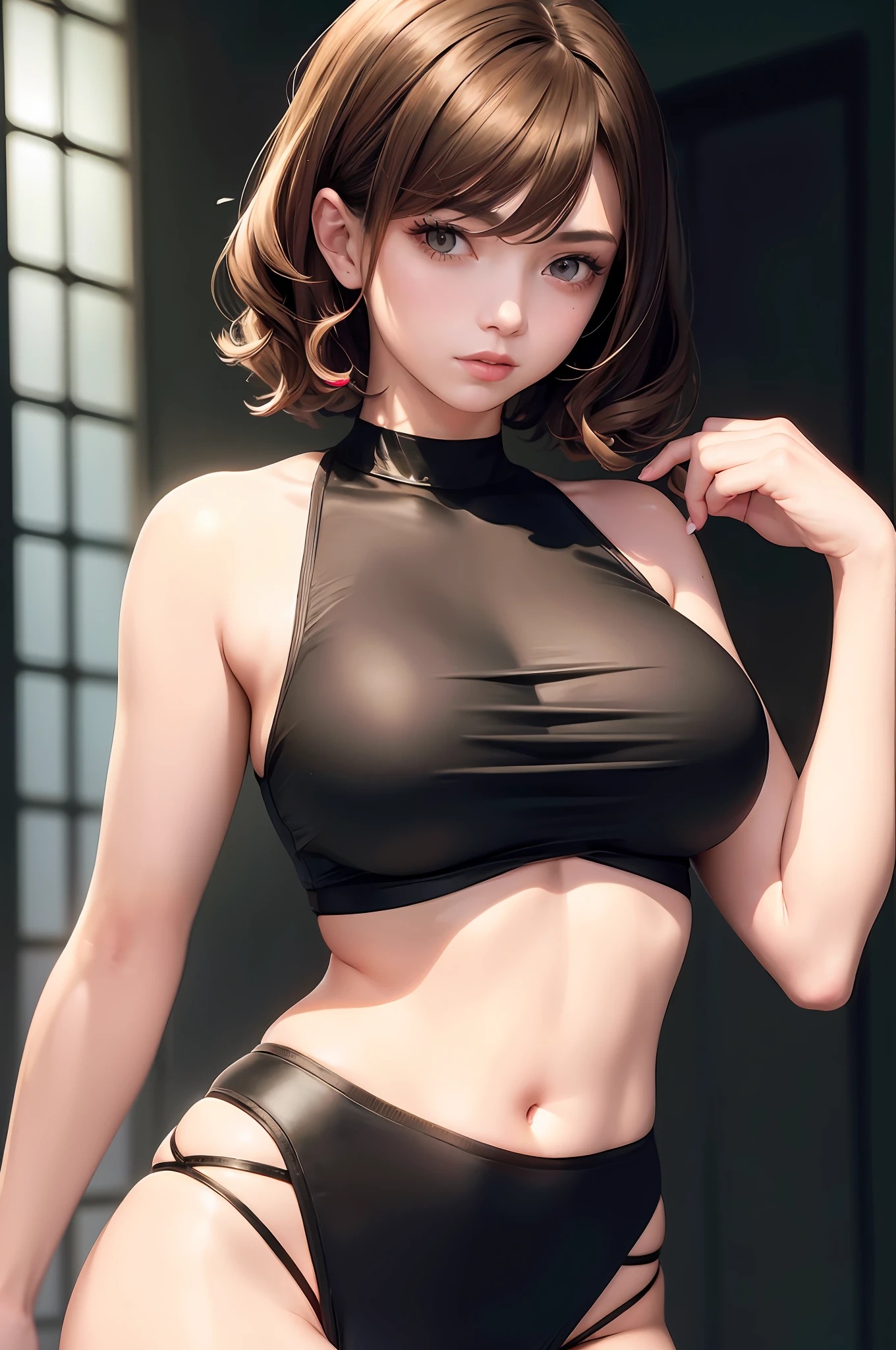 ((Big, tomboy)), (Breasts visible about the lower half)) (Perfect body: 1.1), (Short wavy hair: 1.2), Reddish brown, collar, full body shot, crowded city, black tank top, (Very elaborate CG 8K wallpaper), (Very delicate and beautiful), (Masterpiece), (Best quality): 1.0), (Ultra High Definition: 1.0), Beautiful lighting, perfect lightning, realistic shadows, [High Resolution ], detailed skin, super detailed ((colorful)), fine skin,