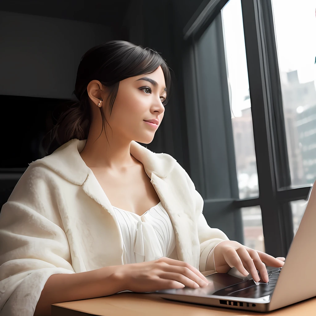 A woman is happy when sitting by her laptop. She is happy. The weather is sunny. In the background someone is looking at her, wide frame photo, photo shoot style, exquisite, detailed, dramatic, elite, real world, (hard focus, 8 k), (((natural skin texture))) , 8k textures, soft cinematic light, adobe lightroom, using computer, hdr, intricate, elegant, highly detailed, sharp focus, (((cinematic appearance))), soft tones, crazy details, high detail, low contrast, soft cinematic light, opaque colors, mix of exposures, HDR, fade, 35 mm, f/1.4, ISO64, f16, 25 sec.