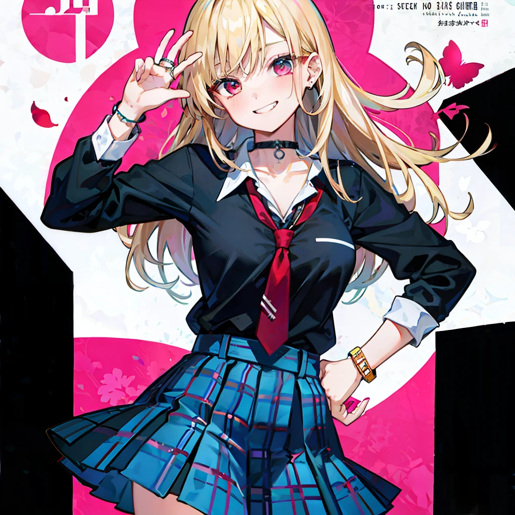 masterpiece, best quality, full body,
1girl, bangs, black choker, black necktie, blonde hair, blue skirt, blush, bracelet, breasts, choker, clothes around waist, collarbone, collared shirt, cowboy shot, dress shirt, ear piercing, eyebrows visible through hair, gradient hair, grin, gyaru, jewelry, kogal, long hair, looking at viewer, loose necktie, necktie, piercing, plaid, plaid skirt, pleated skirt, red eyes, ring, school uniform, shirt, skirt, smile, solo, white shirt,
street, sky, cherry blossoms, petals,illustration, (magazine:1.3), (cover-style:1.3), fashionable, woman, vibrant, outfit, posing, front, colorful, dynamic, background, elements, confident, expression, holding, statement, accessory, majestic, coiled, around, touch, scene, text, cover, bold, attention-grabbing, title, stylish, font, catchy, headline, larger, striking, modern, trendy, focus, fashion,