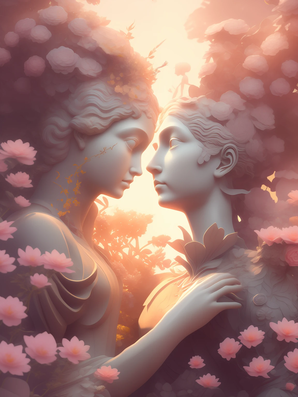 A statue of a woman and a man, a humanoid creature overgrown with flowers, stands in the garden, plaster statues, Bipple and James Jean, Bipple and Jeremiah Keltner, James Jane Soft Light 4 K, James Jean Soft Light 4K, Yuri Schvedorf and Tom Bagshaw, beautiful digital artwork, Sylvain Sarrell and Igor Mosky