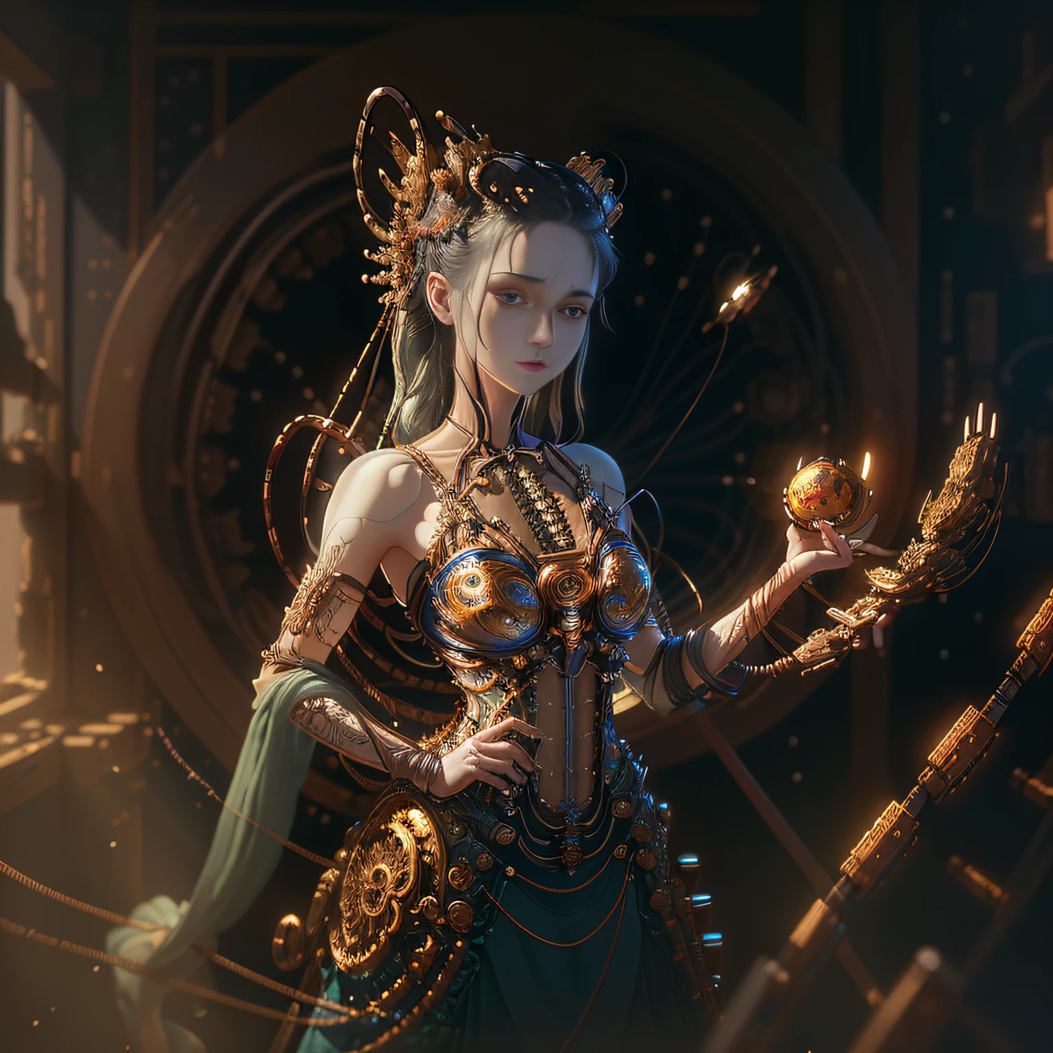 (((masterpiece))), (((best quality))), ((ultra-detailed)), (highly detailed CG illustration), ((an extremely delicate and beautiful)),cinematic light,((1mechanical girl)),solo,(cowboy shot:1.2),(machine made joints:1.2),((machanical limbs)),(blood vessels connected to tubes),(mechanical vertebra attaching to back),((mechanical cervial attaching to neck)),expressionless,(wires and cables attaching to neck:1.2),(wires and cables on head:1.2),(character focus),science fiction,extreme detailed,colorful,highest detailed, loongs,fengs,background,