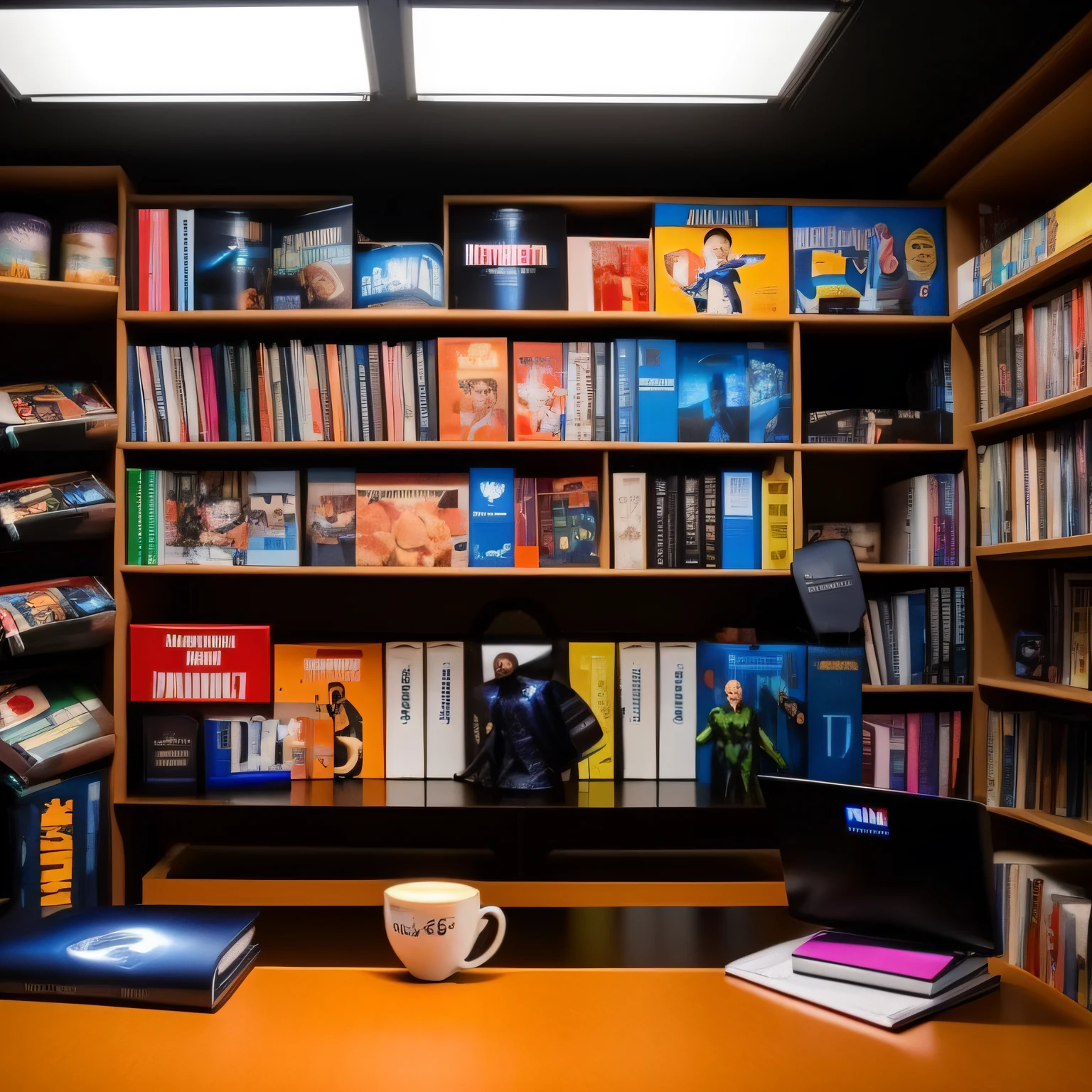 Cyberpunk Room, Alice in the Land of Diffusion, Marvel Action Figures, One Punch Man, DC, The Boys, on shelf, notebook attached to table next to coffee cup