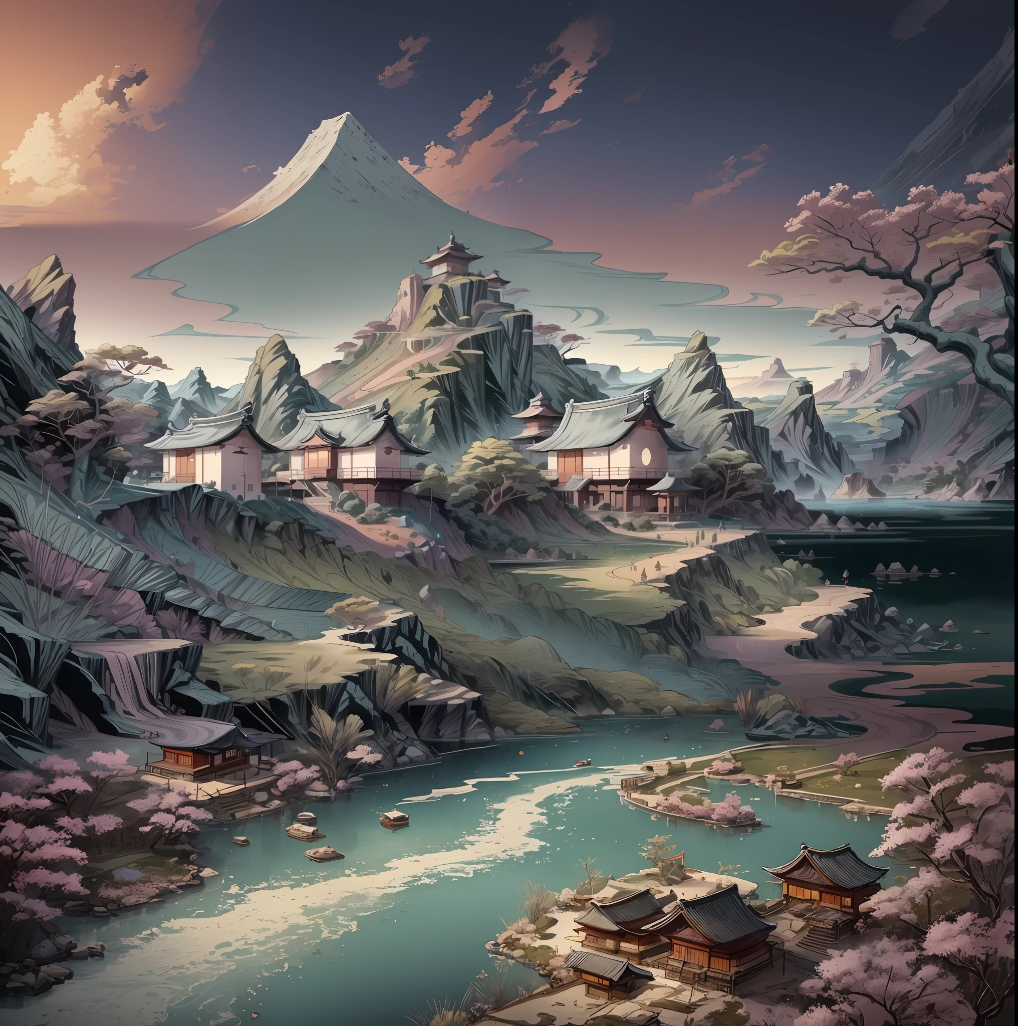painting of a mountain village with a river and a pagoda, 4k highly detailed digital art, 4k detailed digital art, anime landscape, japanese village, inspired by Yoshida Hanbei, japanese town, digital painting of a pagoda, dojo on a mountain, inspired by Tōshi Yoshida, dreamy chinese town, inspired by Kanō Sansetsu