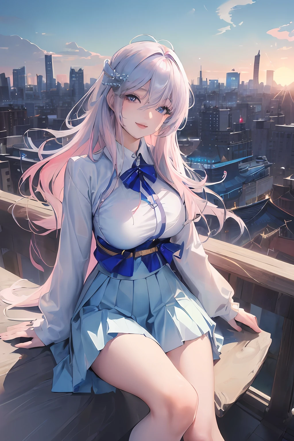 official art, masterpiece, sharp focus, (beautiful gorgeous cute Korean woman:1.3), (beautiful cute korean:1.3), korean beauty, Delicate and beautiful hair and eyes and face, realistic, ultra detailed, beautiful girl, blue sky, glow white particle, (sidelighting:1.2), sun light, white cloud, detailed clouds, slender, Lovely very large breasts and very large hips, smile with teeth, ((smile with eyes, open both eyes)), scenery, long straight hair, sexy facial expression, building, (cityscape:1.7), dynamic hair, long straight hair, detailed platinum pink hair, glow blue eyes, (blue pleated shirts + white skirt), white long socks, pale skin, hair ornament, epic scenery,
