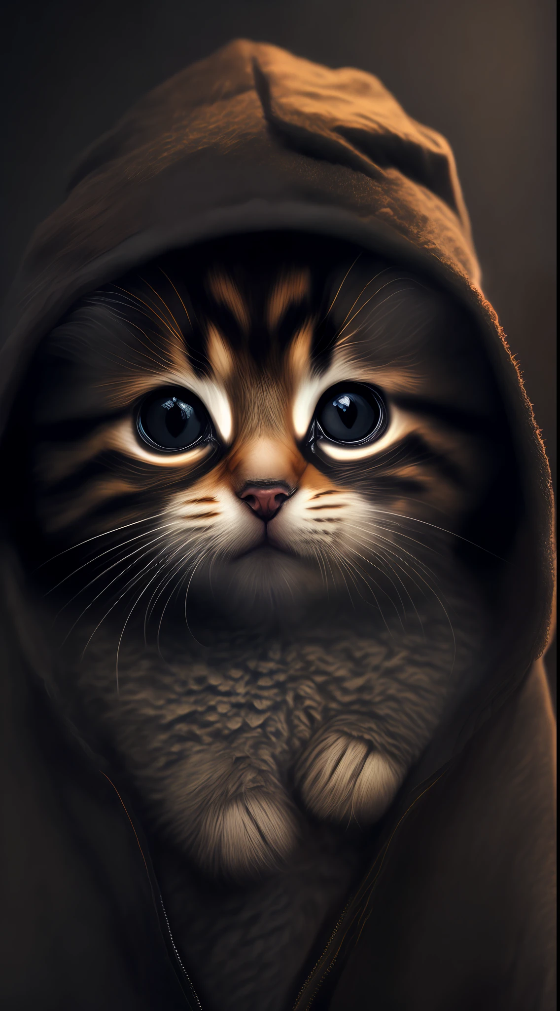 Portrait, cute kitten in hoodie, low light, moody