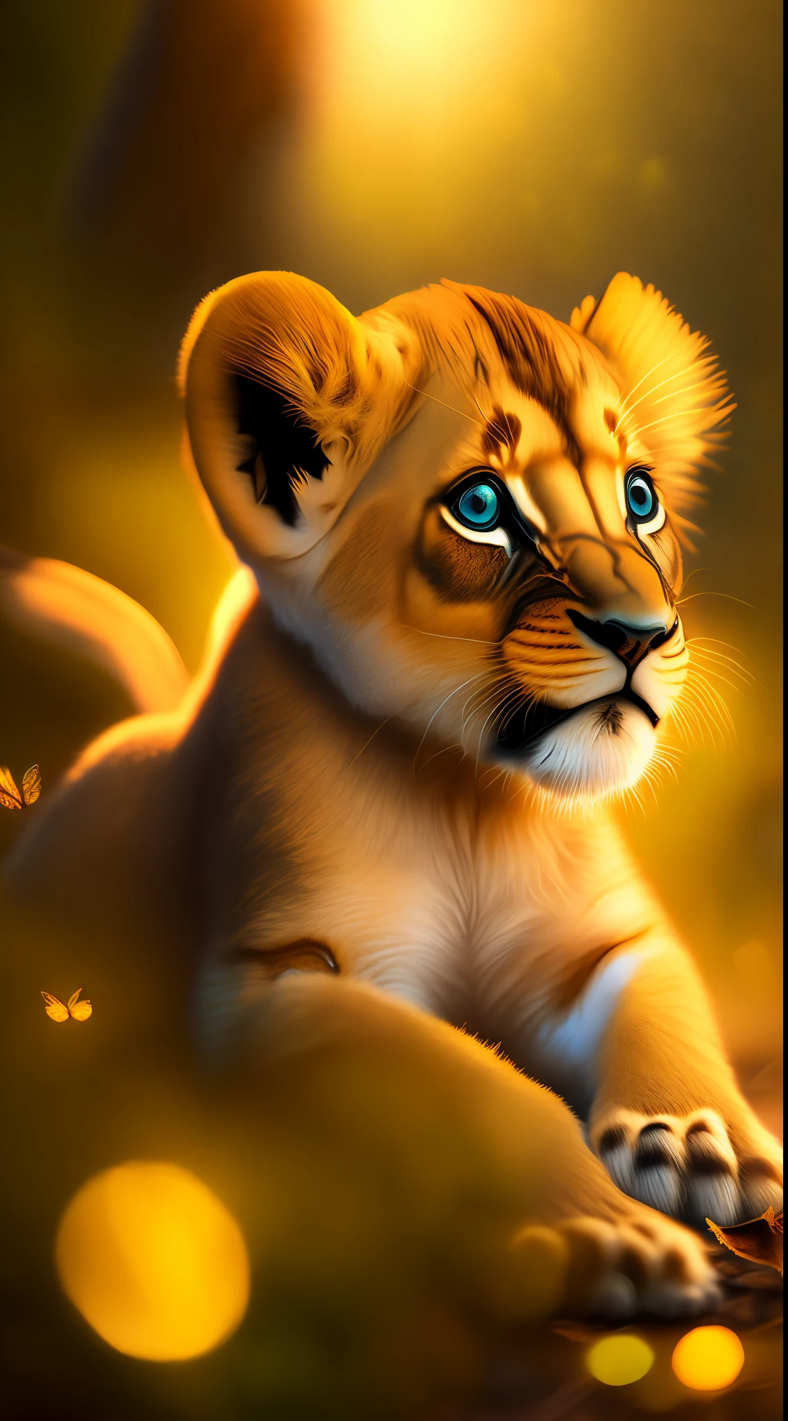 Award-winning portrait of a happy lion cub on the forest floor, bright, beautiful eyes, backlit butterflies, furry, bokeh, backlit, octane, unreal, epic composition