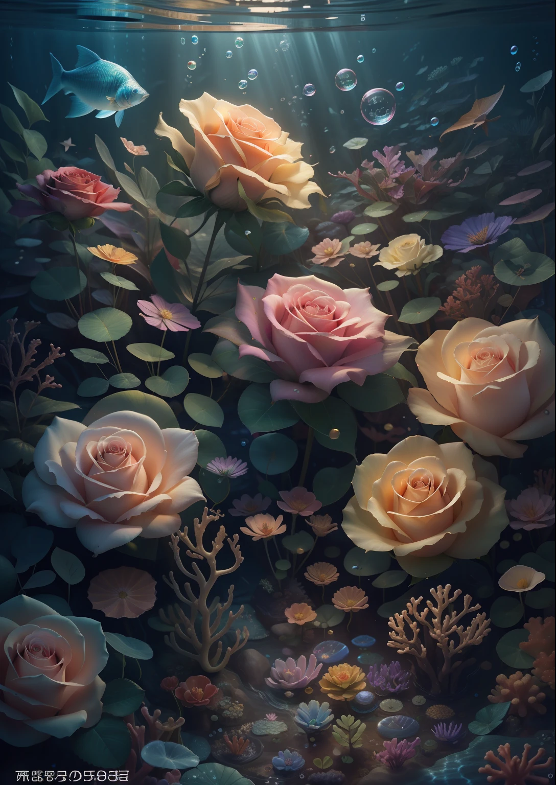 Masterpiece, highest quality, roses, leaves, fantasy, seabed growth, fertile soil, distant fish, bubbles, conch, starfish, coral, magical, transparent, sparkling, colorful, high and low, brilliant, magical photography, dramatic lighting, photo realism, ultra-detailed, 4K, depth of field, high resolution, 3d