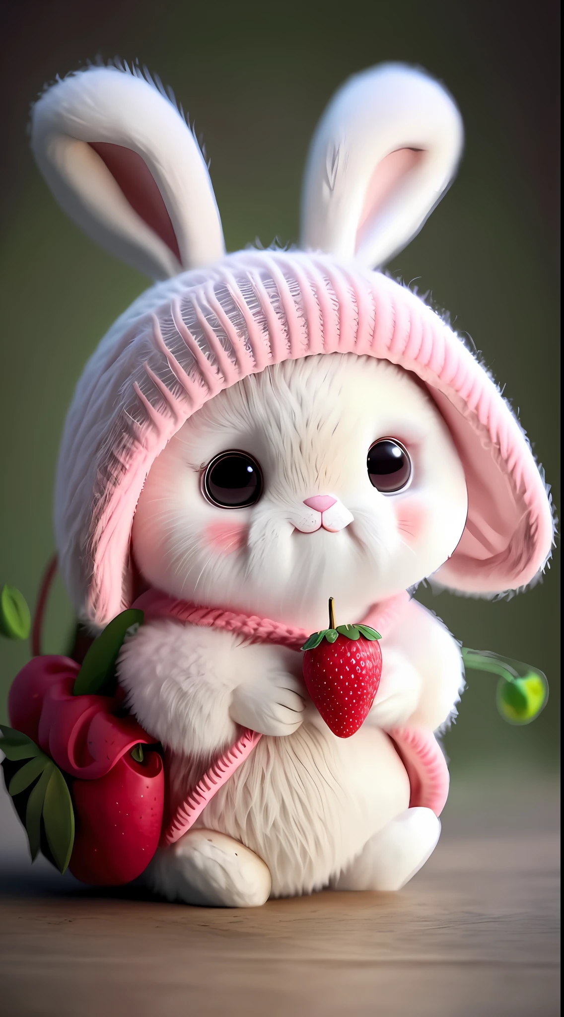 : 3. bunny, realistic, furry animal, apple, black eye, blush, cherry, food, fruit, full body, hat, non-human, strawberry, tomato, watermelon