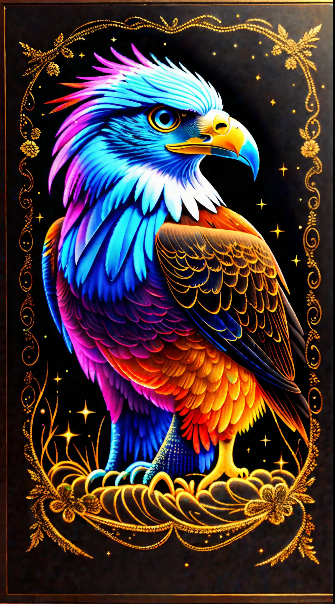 a painting of a colored eagle on a black background,, breathtaking rendering, within a radiant connection, inspired by Kinuko Y. Craft,, magical elements, kitten icon, wow, is beautiful, casting a multi colorful spell, bright flash, flash