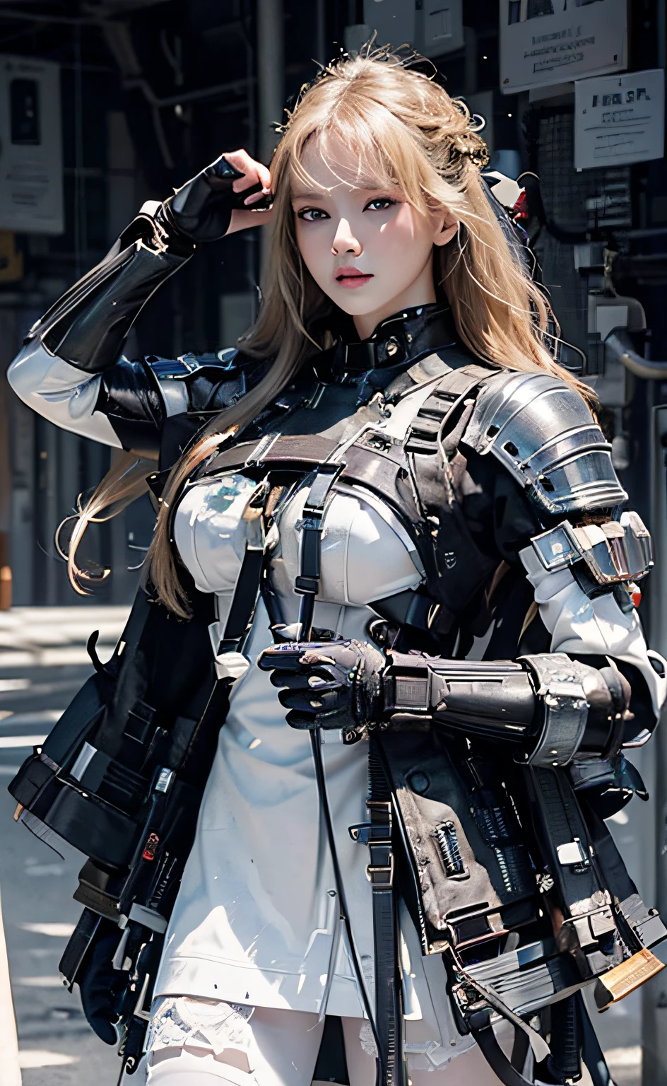 Masterpiece, Best Quality, Film, Official Art, Propaganda Art, Movie Wallpaper, Very Detailed CG Unified 4k Wallpaper, Intricate Details, White Background, Upper Body, Facial Focus, Concept Art, Production Art, ( , Highres, (realistic, photo-realistic:1.2), physically-based rendering, machinery, reflection, realistic, cyberpunk, symmetric front view close up head shot eyes symmetry face very sharp focus realistic award winning matte drawing movie light 1 boy, mecha, (Illustration: 1.1), slim, fair skin, delicate face, king robe, shine, tights, (long blonde hair), green eyes, battlefield, chip, shine, sword