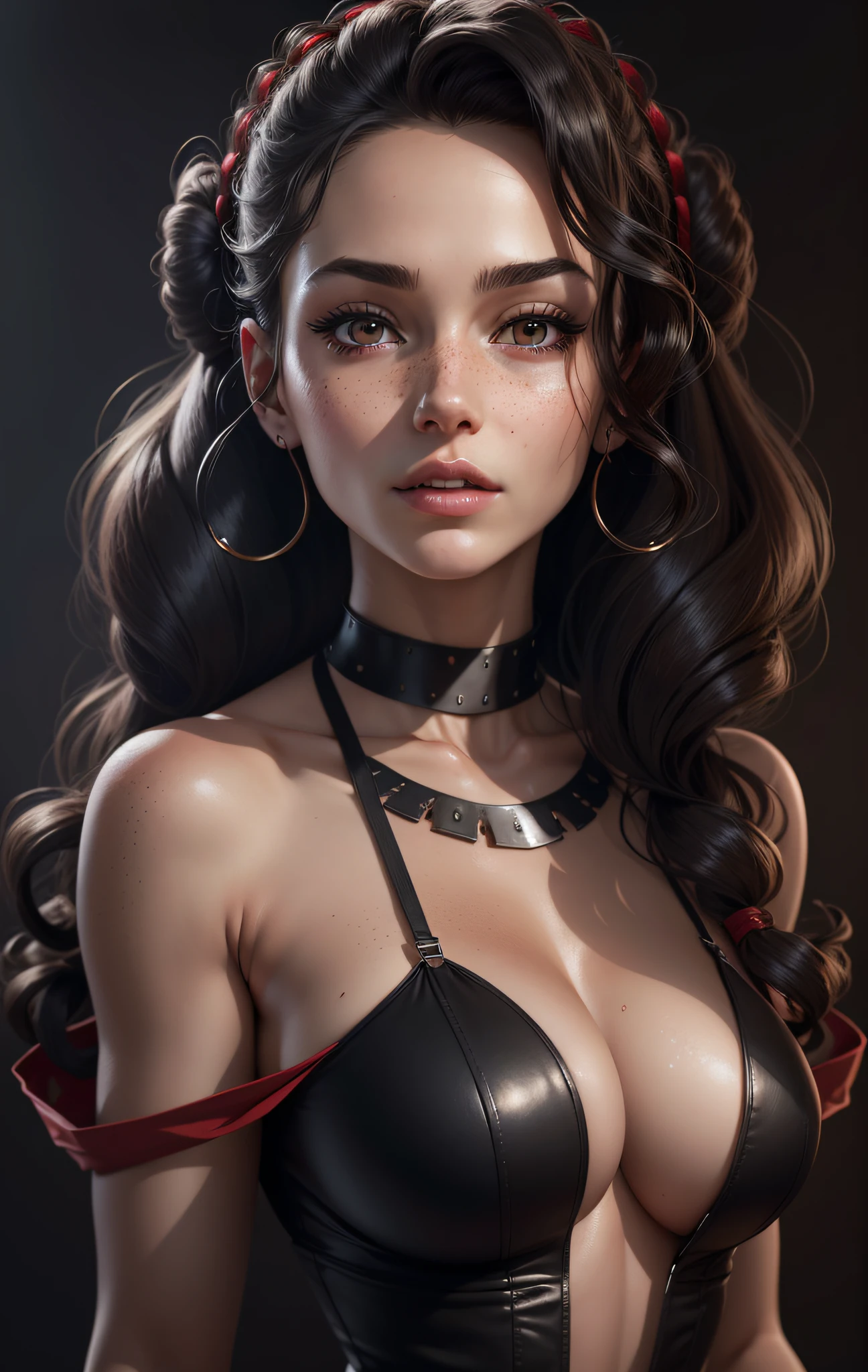 nordic woman wearing a elegant black and red dress, with her back to the camera, posing for a picture, cinematic goddess body shot, sexy body, realistically shaded perfect body, curly hair with pigtails, photorealistic perfect body, unreal engine rendering + a goddess, goddess. extremely high details, beautiful goddess, photorealistic anime girl rendering, beautiful female body, perfectly shaded body, sexy hot body, cleavage, moist skin, tan, medium breasts, complicated, naughty, seductive look, piercing, trending on artstation, slim waist, narrow hips, slim body, hourglass body, laced collar, belly chain, looking back over her shoulder, hazel eyes, freckles, festival look, side boob, under boob, upskirt