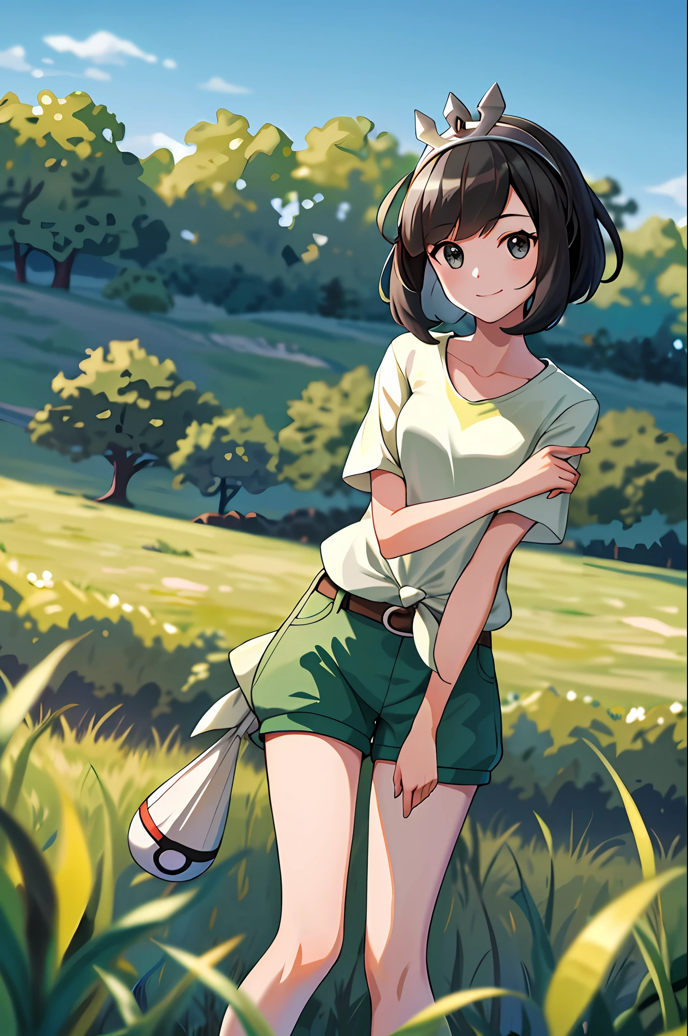 masterpiece, best quality, high resolution, serene 1, 1 girl, serene 1, 1 girl, serene (pokemon), solo, gray eyes, black hair, green shorts, red tiara, shirt, tied shirt,, short hair, short sleeves, shorts, stripes, yellow shirt, belt, middle class shooting, grass, field, smile, standing,