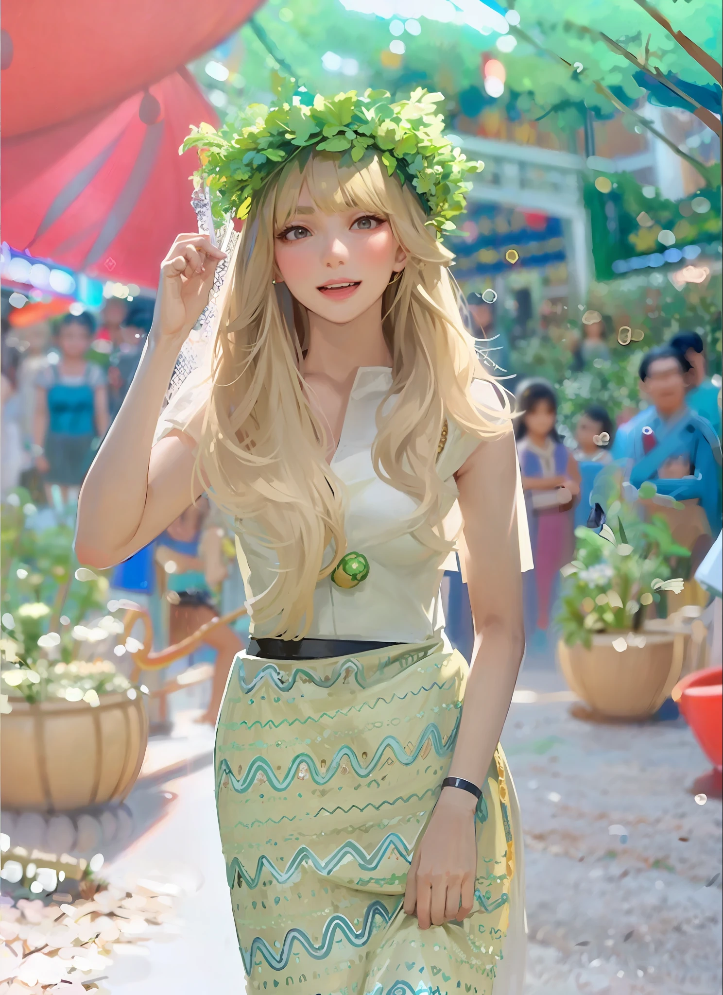 araffe woman in a green skirt and a flower crown, lalisa manobal, lalisa manoban of blackpink, anime thai girl, sukhothai costume, traditional art, roseanne park of blackpink, in style of lam manh, belle delphine, cute woman, nivanh chanthara, traditional beauty, with long blond hair