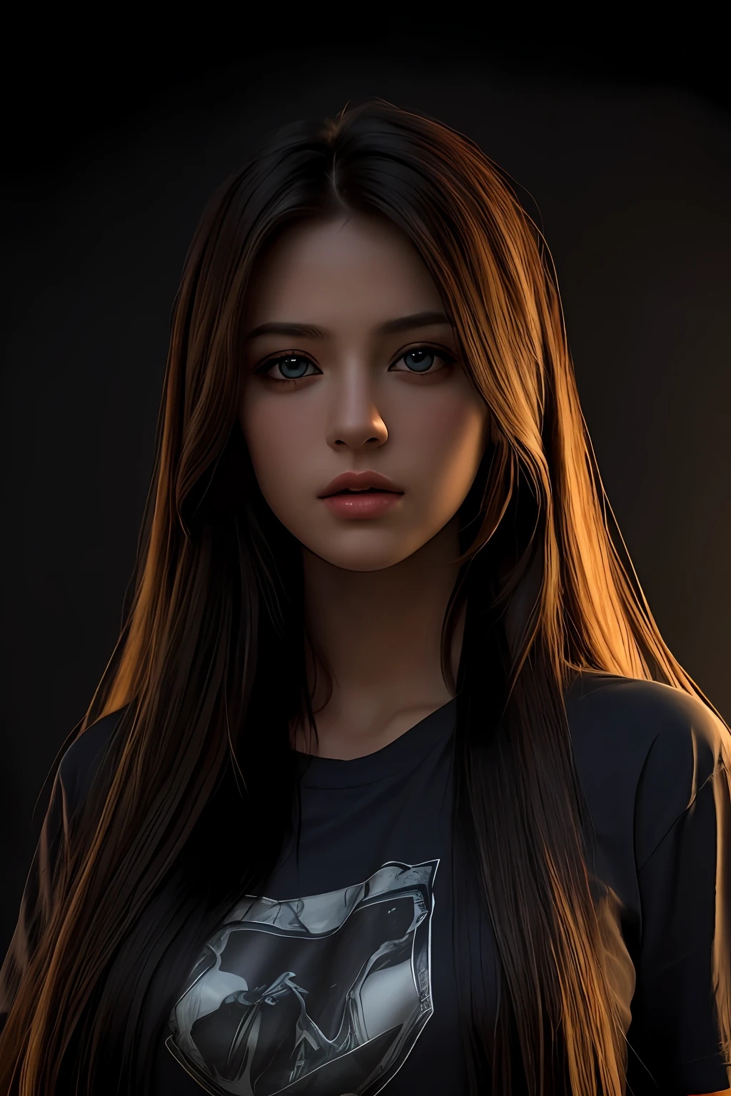 Best quality, masterpiece, ultra high res, (photorealistic:1.37), raw photo, 1girl, long hair, beautifull eyes,  beautifull face, detailed eyes and face, t-shirt, dynamic lighting, in the dark, deep shadow, low key, cowboy shot