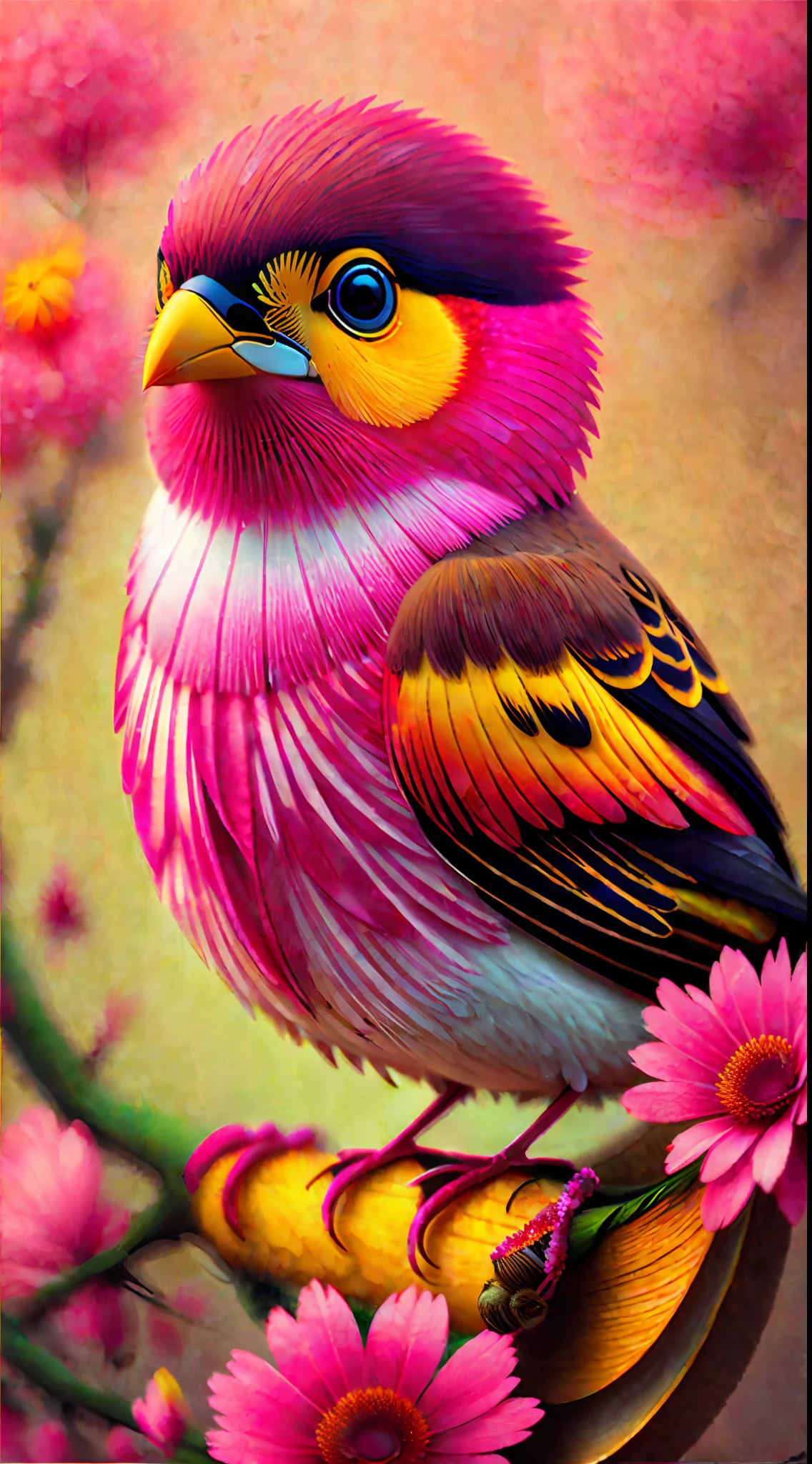 pink flowers, CGI art, red-yellow color, surreal sparrow, Pinterest, photorealistic art style, rich colors, AI-generated images, highly detailed portrait, bird sitting on a branch singing for you, breathtaking rendering