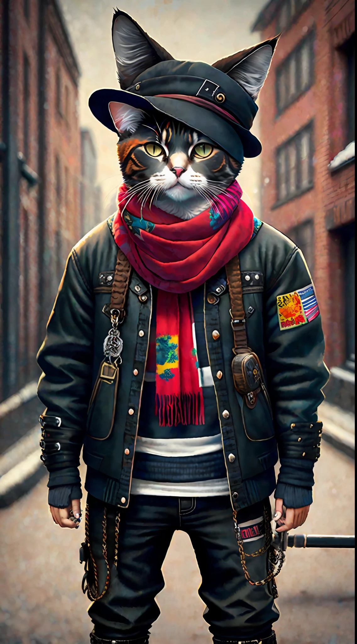 A painting of a cat in a hat and scarf, art station trend, wearing punk clothing, ultra realistic detailed render, british gang member, urban style, intimidating pose, planet of cats, trendy clothes, urban samurai , meow, Western Slavic features, 8 1 5