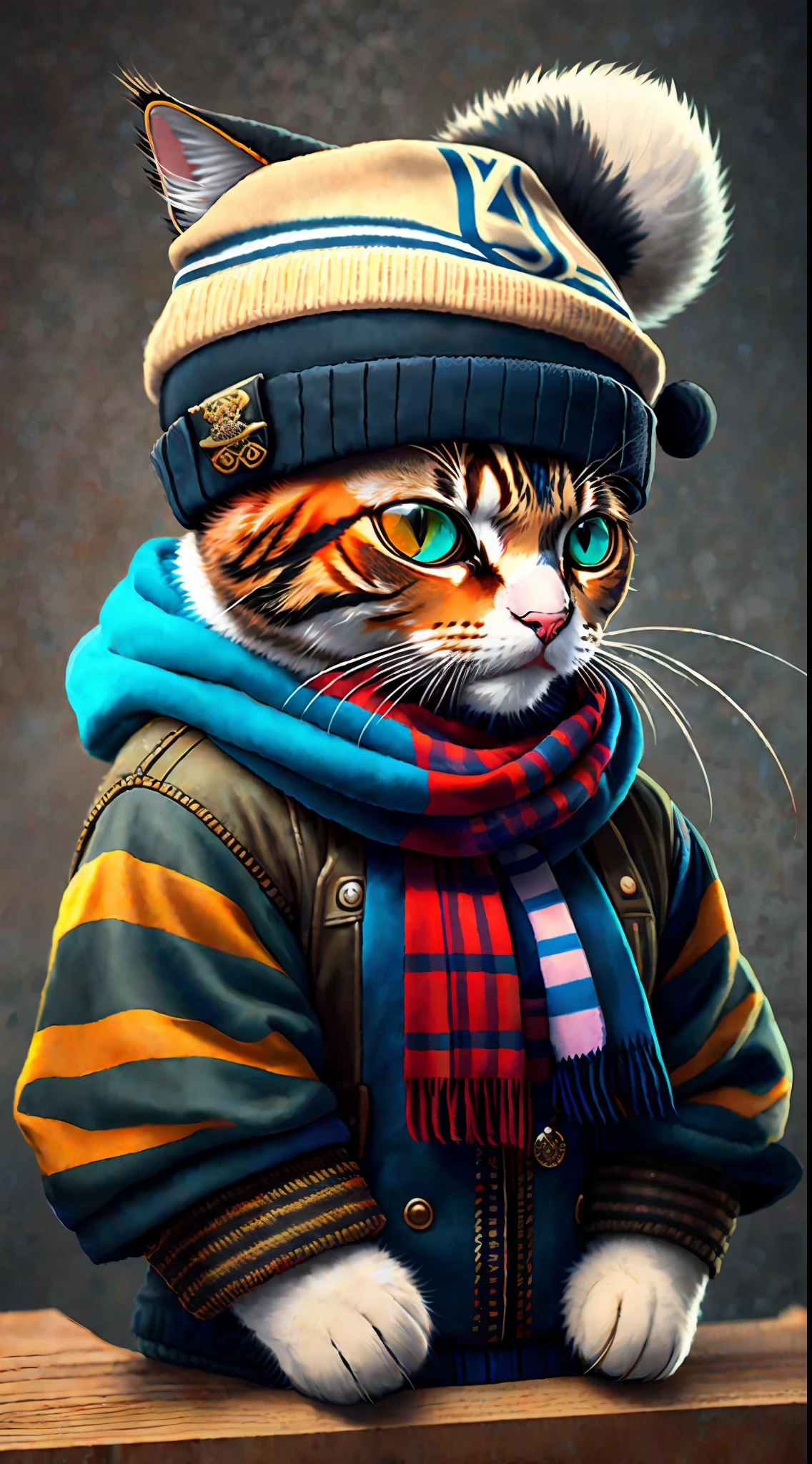 A painting of a cat in a hat and scarf, art station trend, wearing punk clothing, ultra realistic detailed render, british gang member, urban style, intimidating pose, planet of cats, trendy clothes, urban samurai , meow, Western Slavic features, 8 1 5