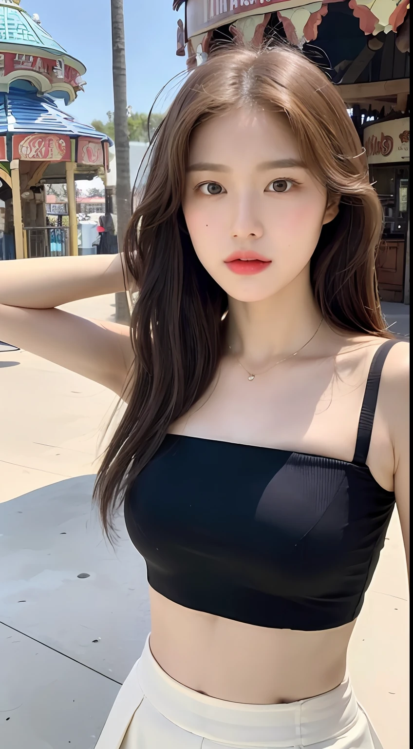 ((Best Quality, 8K, Masterpiece: 1.3)), (Bikini Skirt: 1.3), Focus: 1.2, Perfect Body Beauty: 1.4, Buttocks: 1.2, (Layered Haircut: 1.2)), , (Amusement Park 1.3), Highly Detailed Face and Skin Texture, Full Body, Delicate Eyes, Double Eyelids, Whitened Skin, Long Brown Hair, (Round Face: 1.5), (: 1.6)