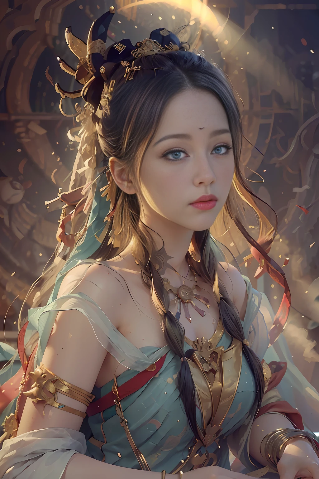 (RAW photo, best quality), (realistic, photo-realistic:1.3),best quality,highly detailed,masterpiece,ultra-detailed,illustration,1girl,upper_body,dynamic angle,world masterpiece theater,messy_long_hair,best quality,extremely detailed CG unity 8k wallpaper,ink,Amazing,cinematic lighting,lens_flare,,dunhuang_style