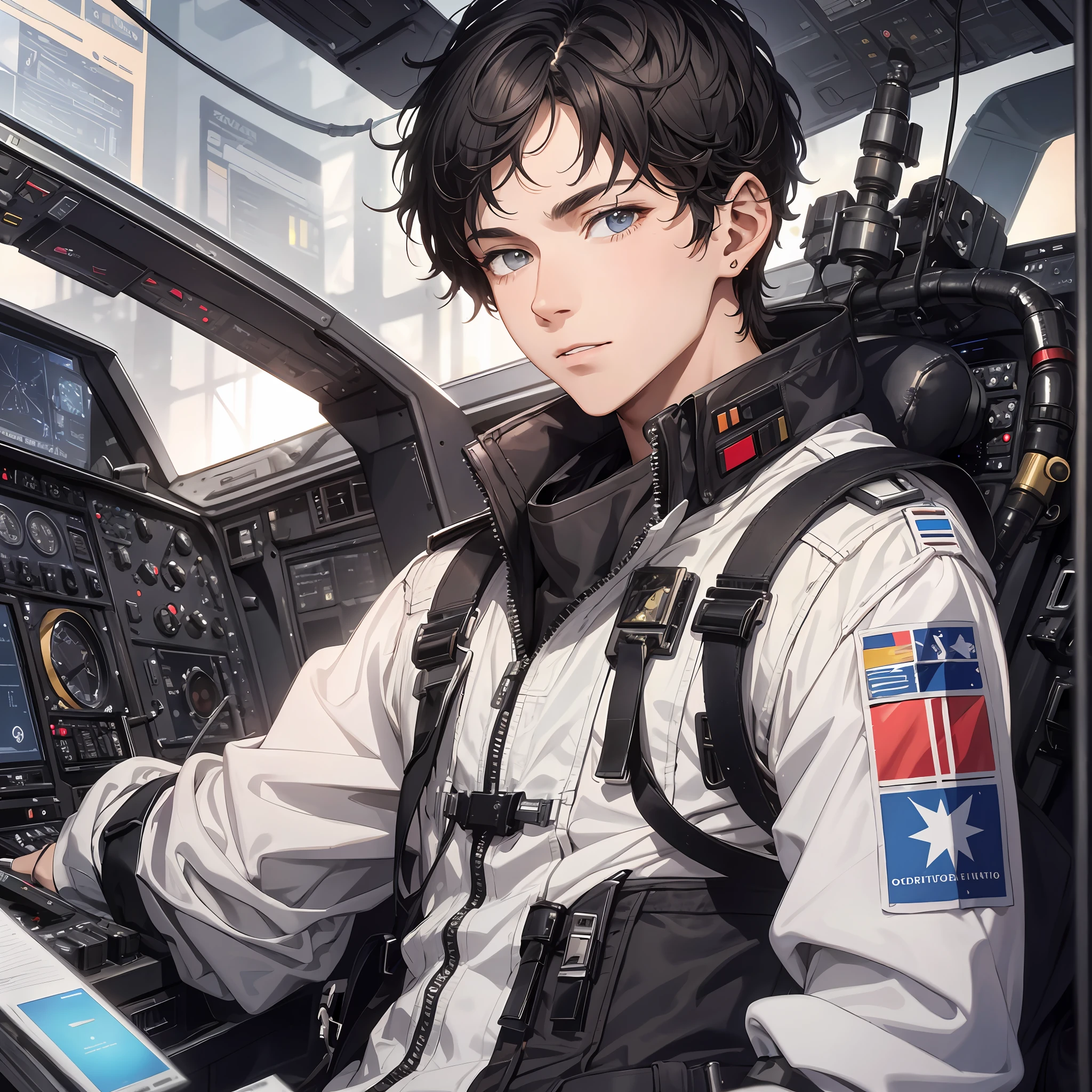 Absurd resolution, high resolution, (masterpiece: 1.4), hyper-detailed, young man dressed up as a messy black short-haired pilot, operating in an extremely small mech cockpit