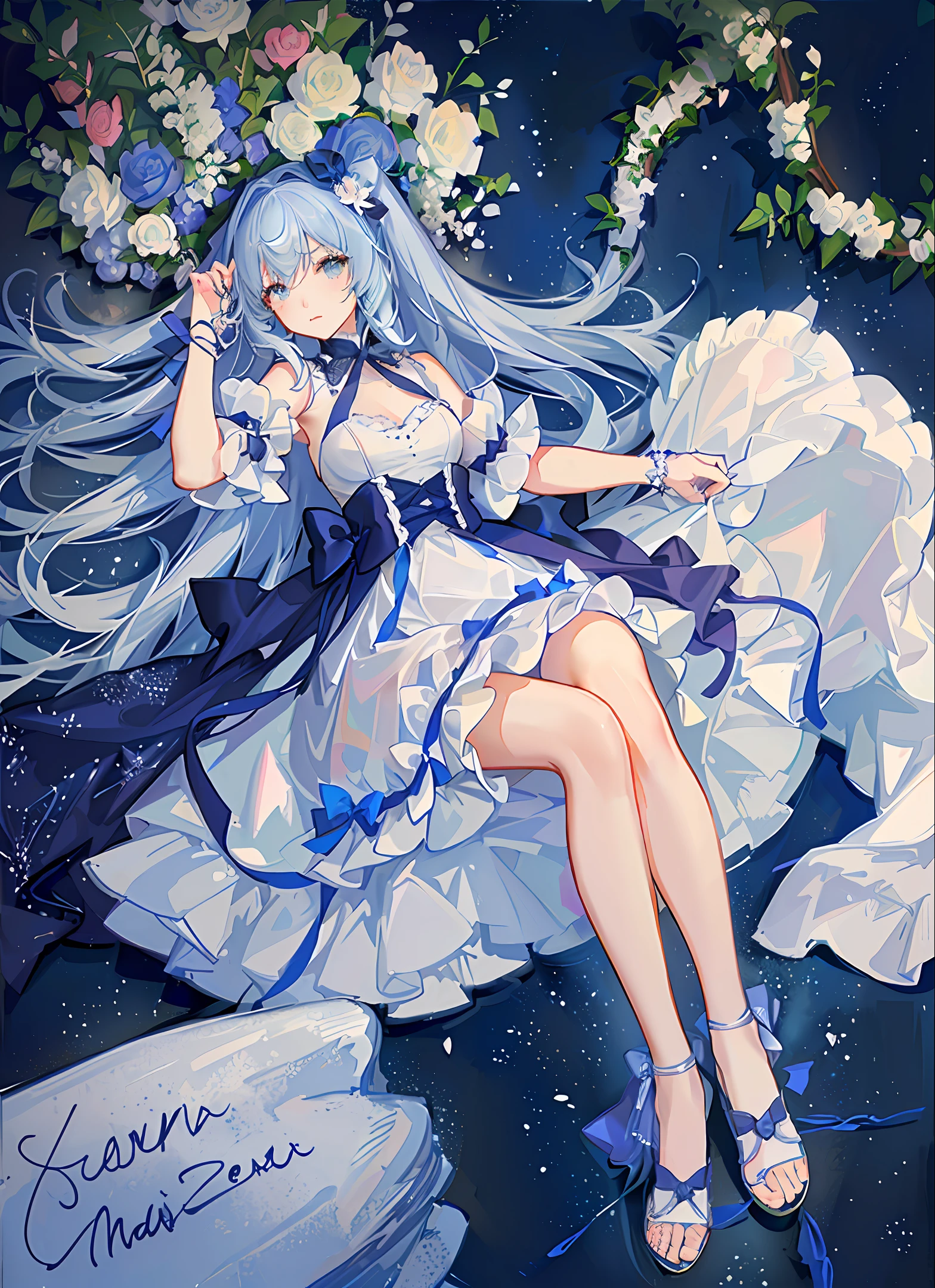 Anime character girl with long white hair, flowers in her hair, blue dress with ribbons, flying