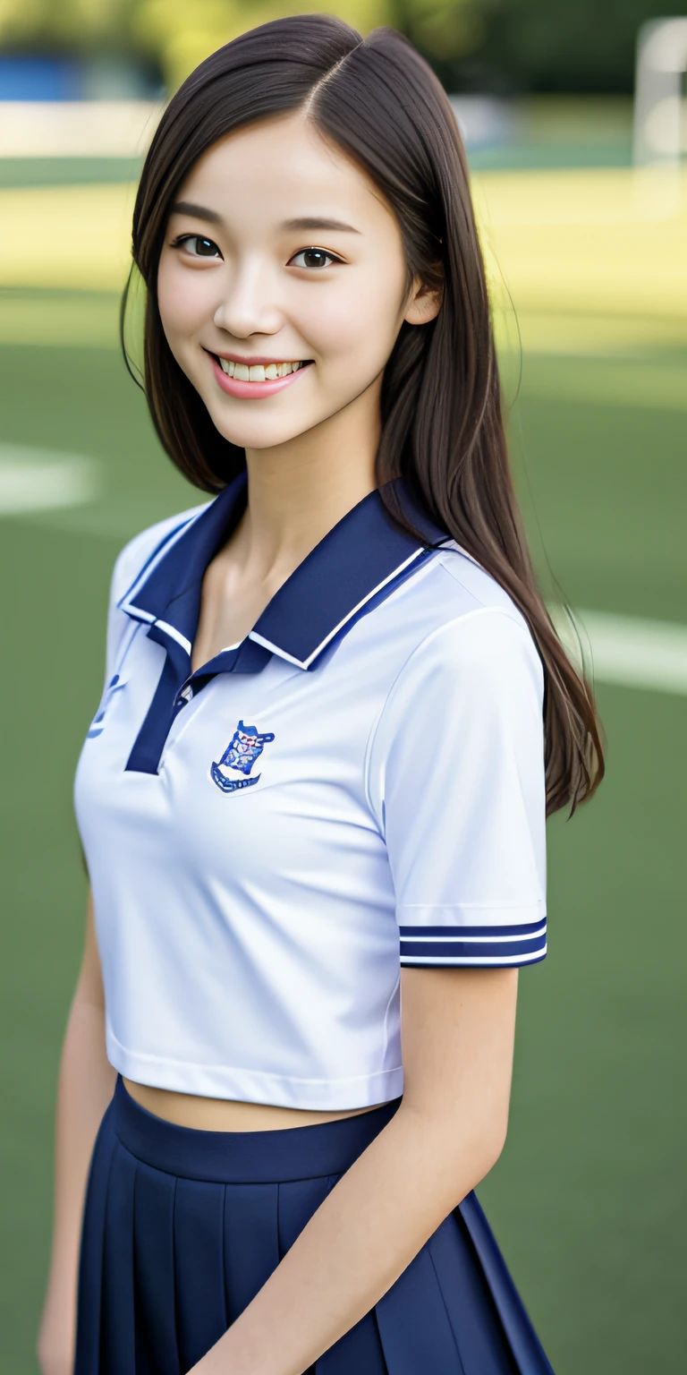 neat college girl, petite, (school uniform, summer clothes, short sleeves), outside the athletic field, (slim), photorealistic, detail, skin texture, ultra detail, delicate and sexy collarbone, smile, super detailed face, detailed lips, detailed eyes, double eyelids
