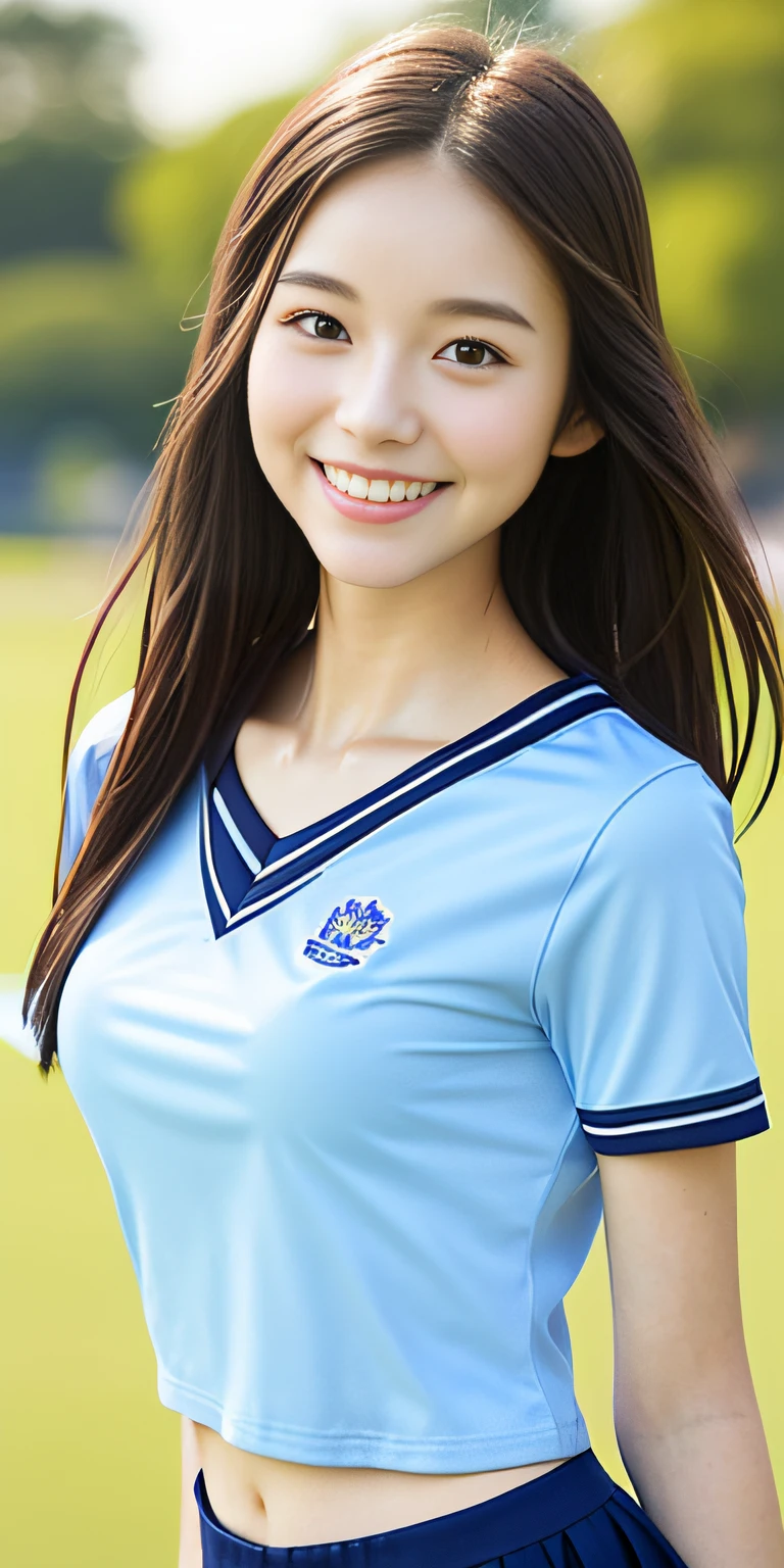 neat college girl, ite, (school uniform, summer clothes, short sleeves), outside the athletic field, (slim), photorealistic, detail, skin texture, ultra detail, delicate and sexy collarbone, smile, super detailed face, detailed lips, detailed eyes, double eyelids