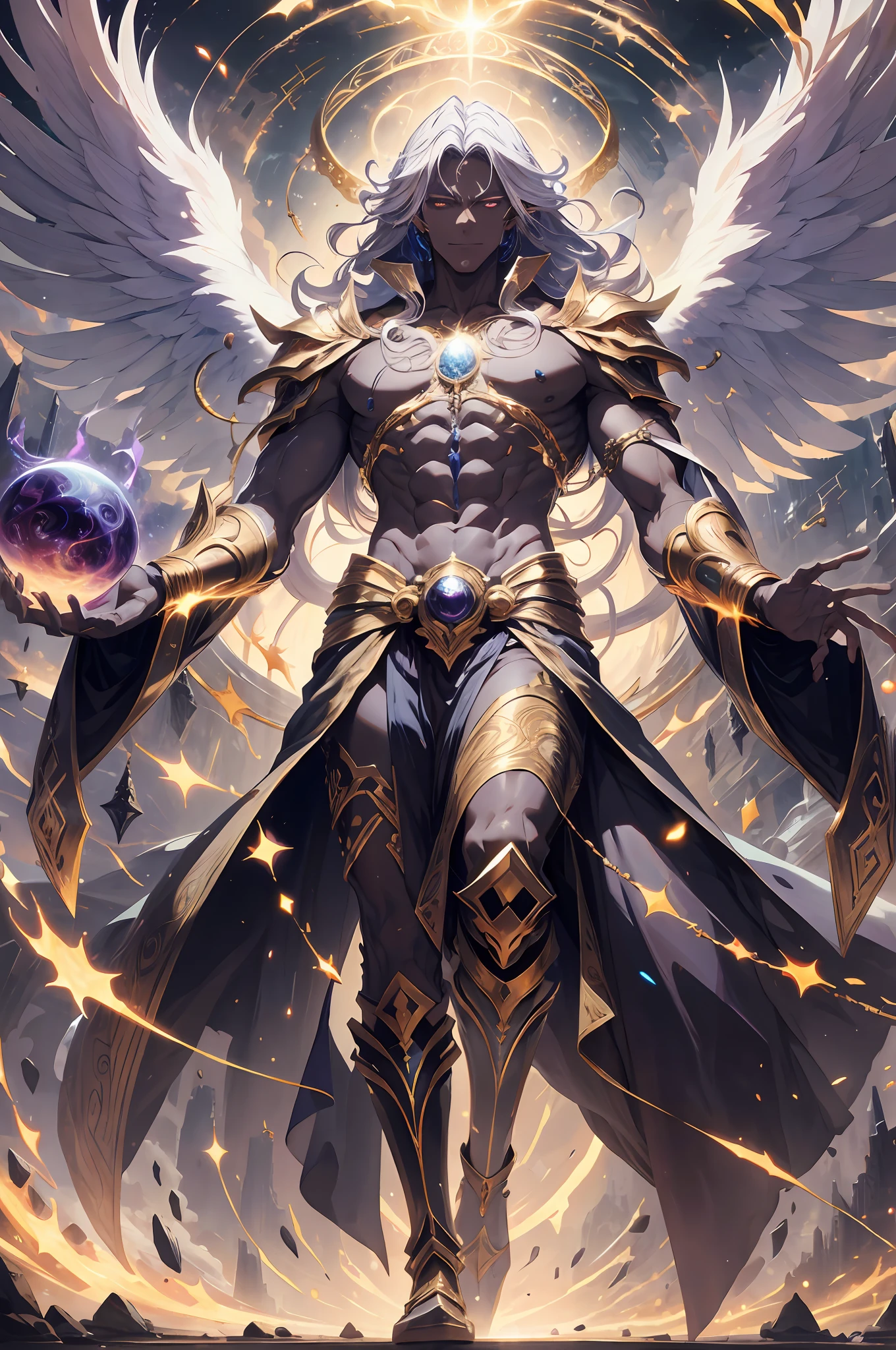 (absurdres, highres, ultra detailed, HDR), 8k, masterpiece, best quality, a dark skin man four hands, ascending, standing look majestic, solo, 4hands, four hands, handsome, long hair, white hair, golden eye, glowing eye, white robe, angel wing, archangel, earring and accessory, bare pectoral, arrogant face, full body, surrounded by sphere, fantasy, magic vortex, spark, swirl, golden aura, ray, a dramatic sky, heaven, abstract background, from below, look up, smirk