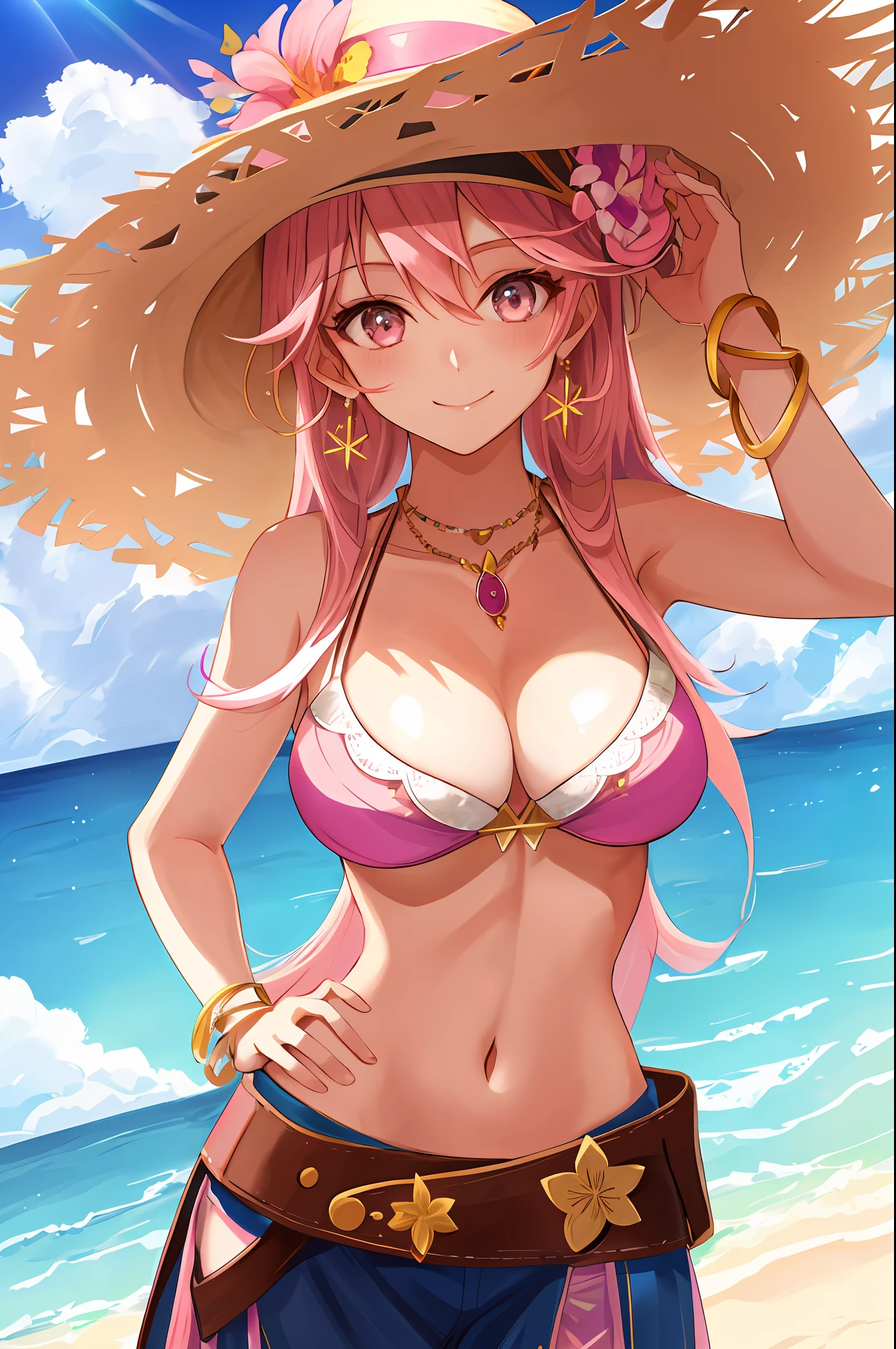 1girl, hat, breasts, jewelry, pink hair, underboob, bracelet, solo, straw hat, belt, hand on hip, looking at viewer, long hair, hat flower, medium breasts, flower, sun hat, smile, brown headwear, earrings, upper body