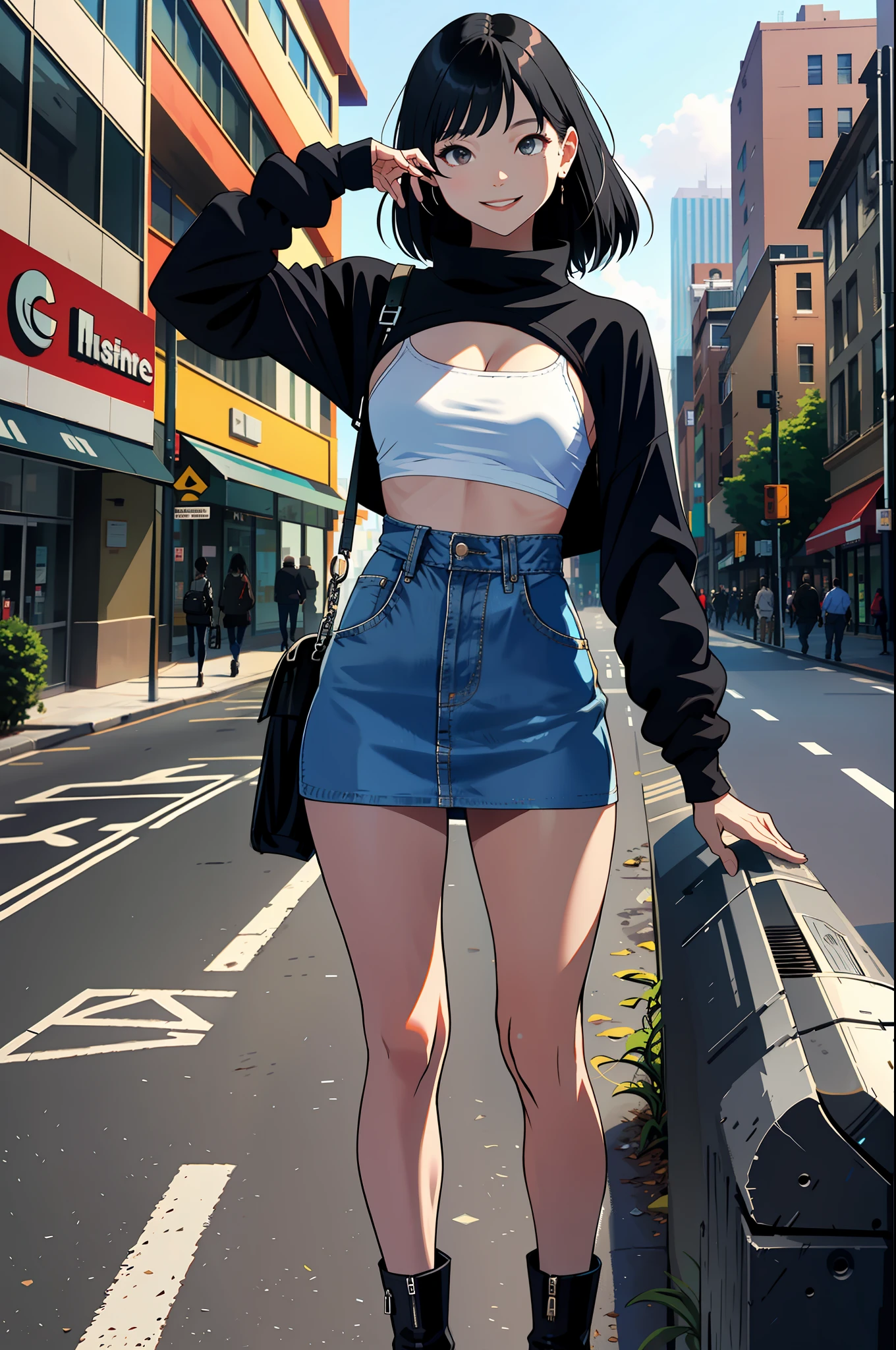 masterpiece, Top Quality, Absurd, Perfect Anatomy, 2, Shrug \(clothing\), Long Sleeve, Miniskirt, Standing, City, Outdoor, Cowboy Shooting, Smile, Black Hair