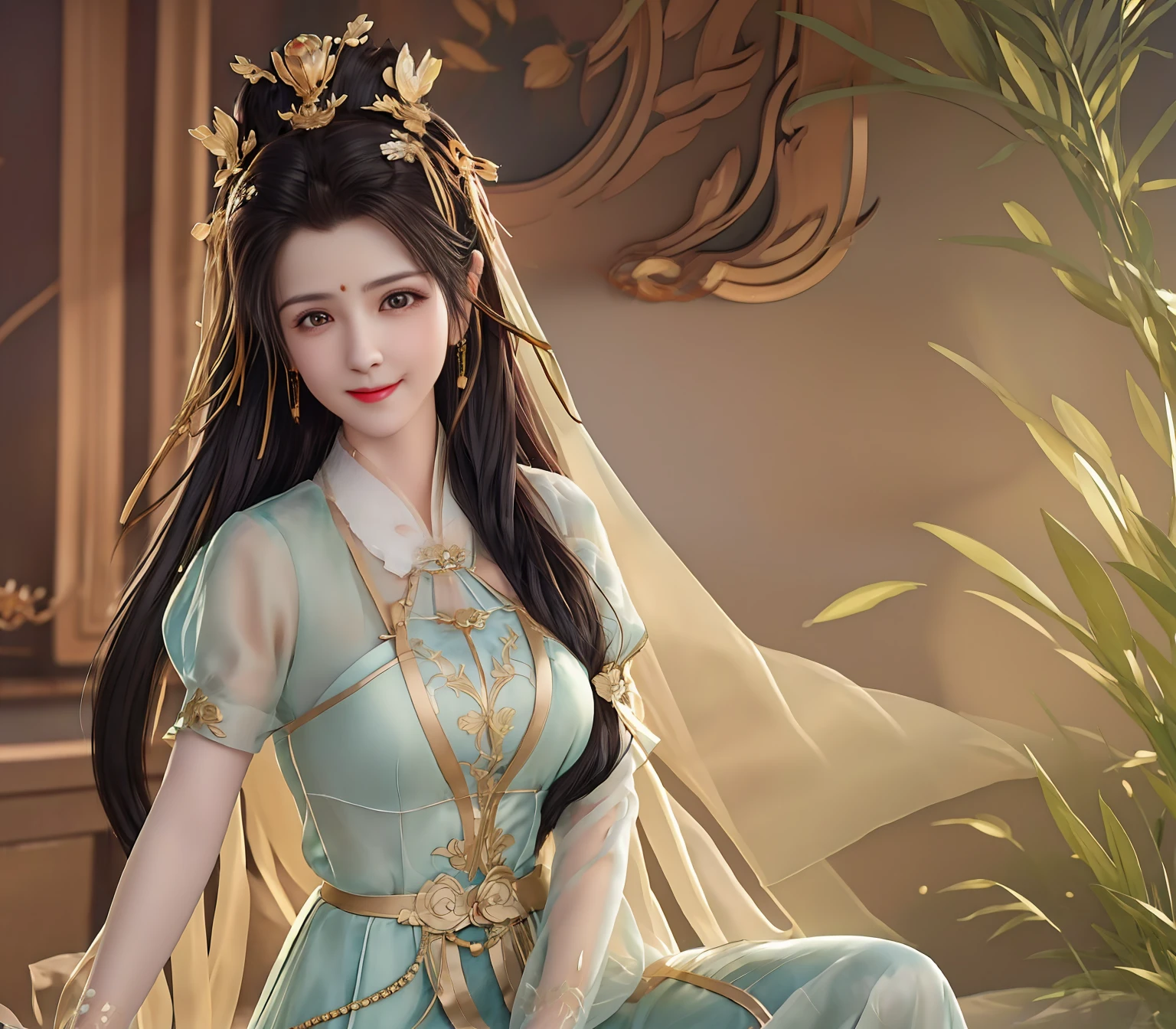 masterpiece,best quality,(8k,RAW photo,best quality,masterpiece:1.2),((best quality)),ultra high res,extremely detailed CG unity 8k wallpaper,physically-based rendering,cinematic lighting, huge breasts, best quality, HDR, beautiful face, lace on body, Tyndall effect, realism, silky long hair, black hair scattered, dark eyes, slender waist, sitting, silk transparent, shiny and silky skin, 3D stereoscopic, masterpiece, best quality, illustration super fine, beautiful eyes, very delicate light, fine glow, very fine 8K, smile