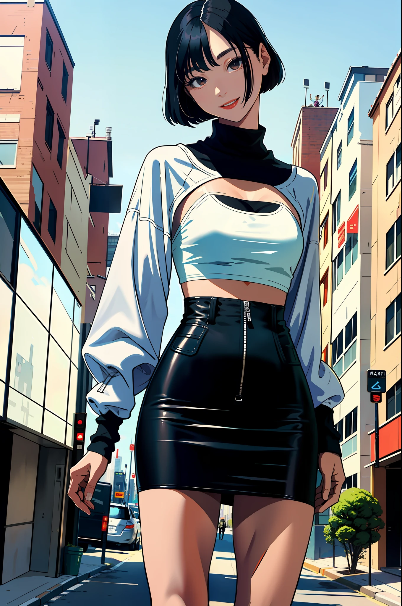masterpiece, Top Quality, Absurd, Perfect Anatomy, Shrug \(clothing\), Long Sleeve, Miniskirt, Standing, City, Outdoor, Cowboy Shooting, Smile, Black Hair, stlye wallpaper