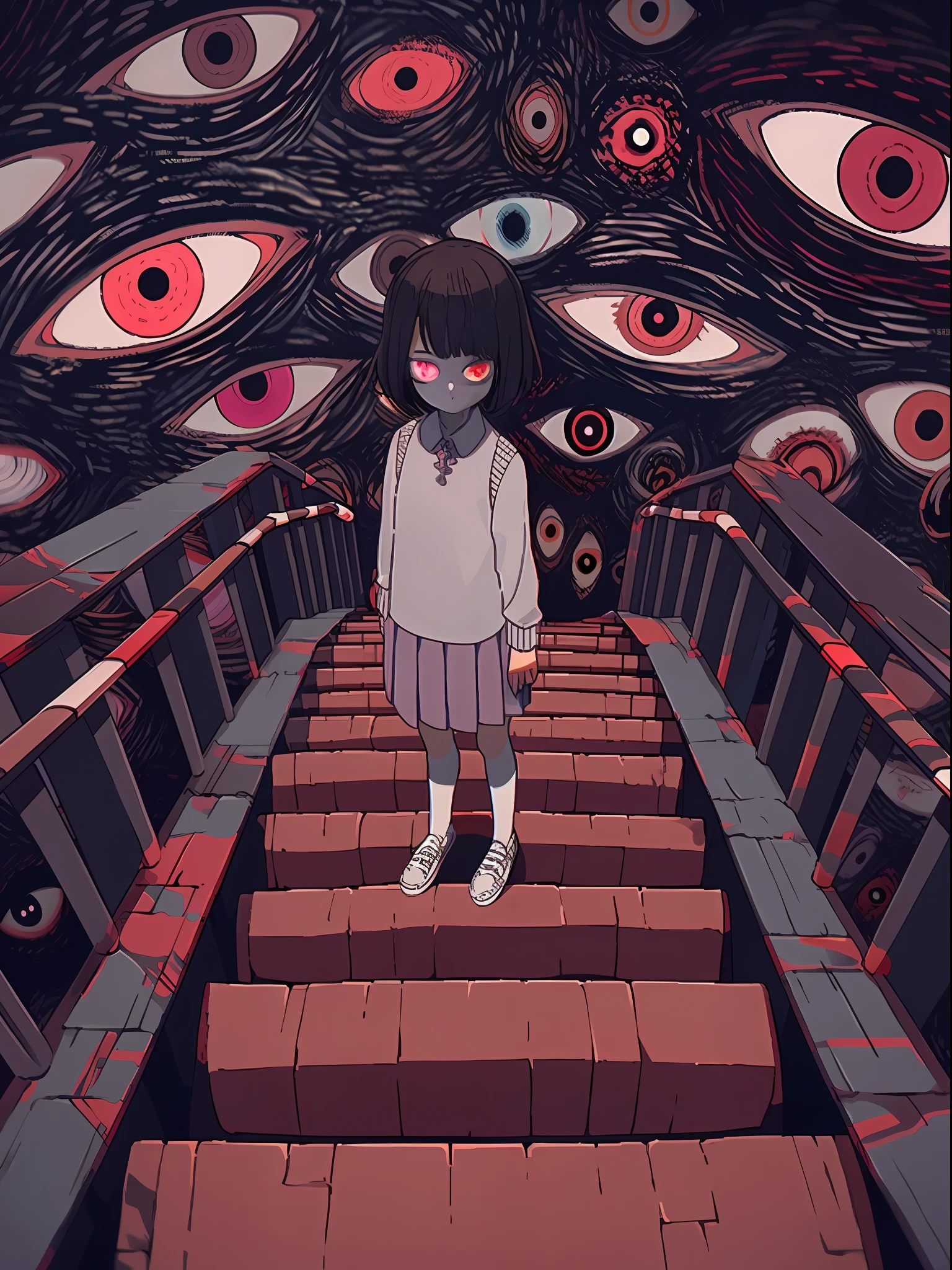 anime girl standing on stairs with eyes in the background, eerie art style, with multiple eyes, yume nikki, eerie and grim art style, dreamy psychedelic anime, inspired by Junji Ito, by Yanagawa Nobusada, glowing eyes everywhere, scary eyes, with anxious piercing eyes, too many eyes, eyes everywhere, digital art 4k unsettling, multiple eyes