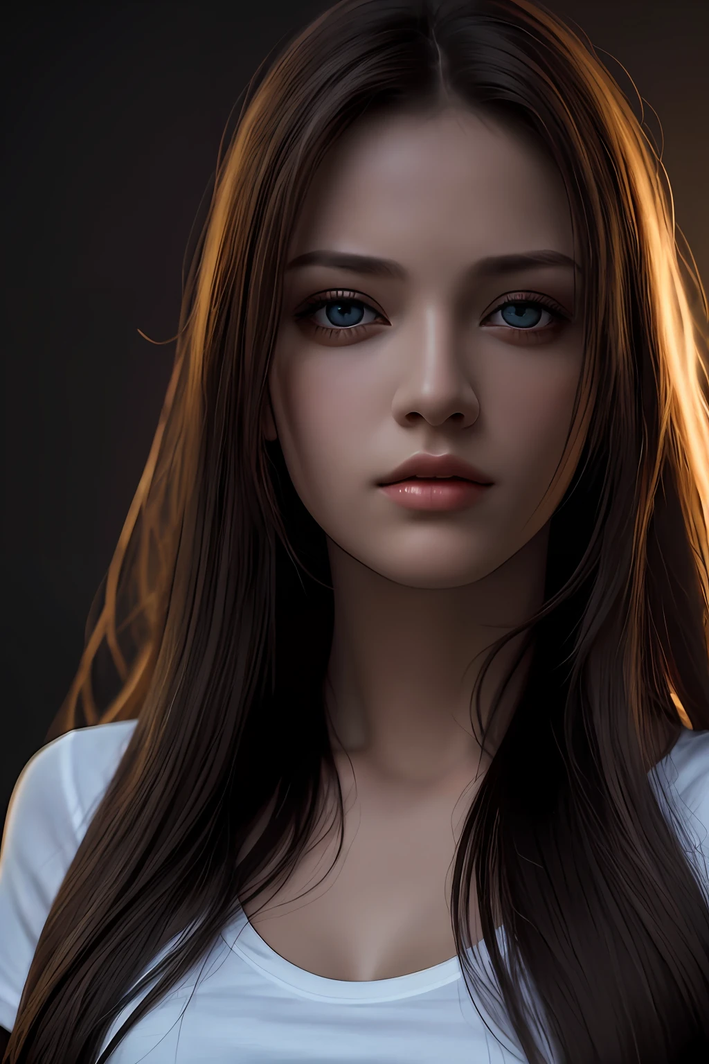 Best quality, masterpiece, ultra high res, (photorealistic:1.37), raw photo, 1girl, long hair, beautifull eyes, beautifull face, detailed eyes and face, t-shirt, dynamic lighting, in the dark, deep shadow, low key, cowboy shot