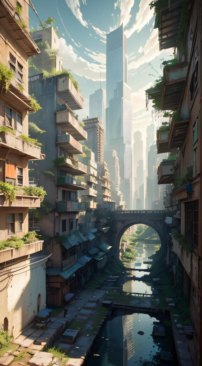 a river running through a city next to tall buildings, volumetric light highly detailed, overgrown ruins, 2020 video game screenshot, image full of reflections, by Abraham Willaerts, square enix cinematic art, slums, shot from cinematic, wrecked buildings, g cgsociety, lost temple --auto --s2
