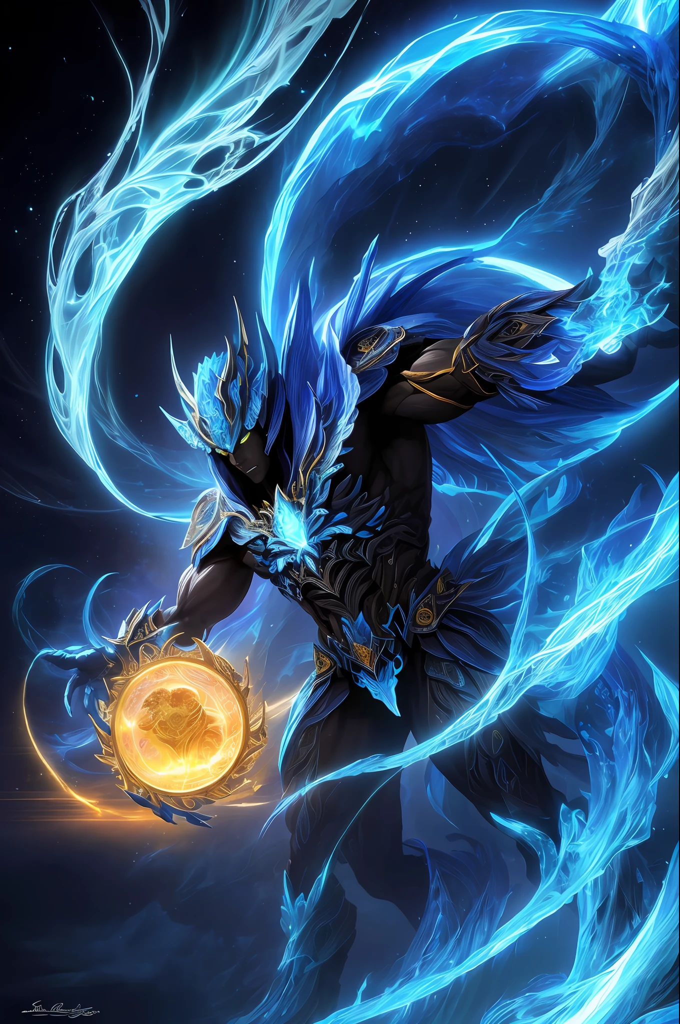 "Create an ultra-detailed, best quality, high-resolution masterpiece depicting an umbral elemental with an inhumanoid figure seeping with blue energy" perfect shadows, high quality shading, photorealistic,