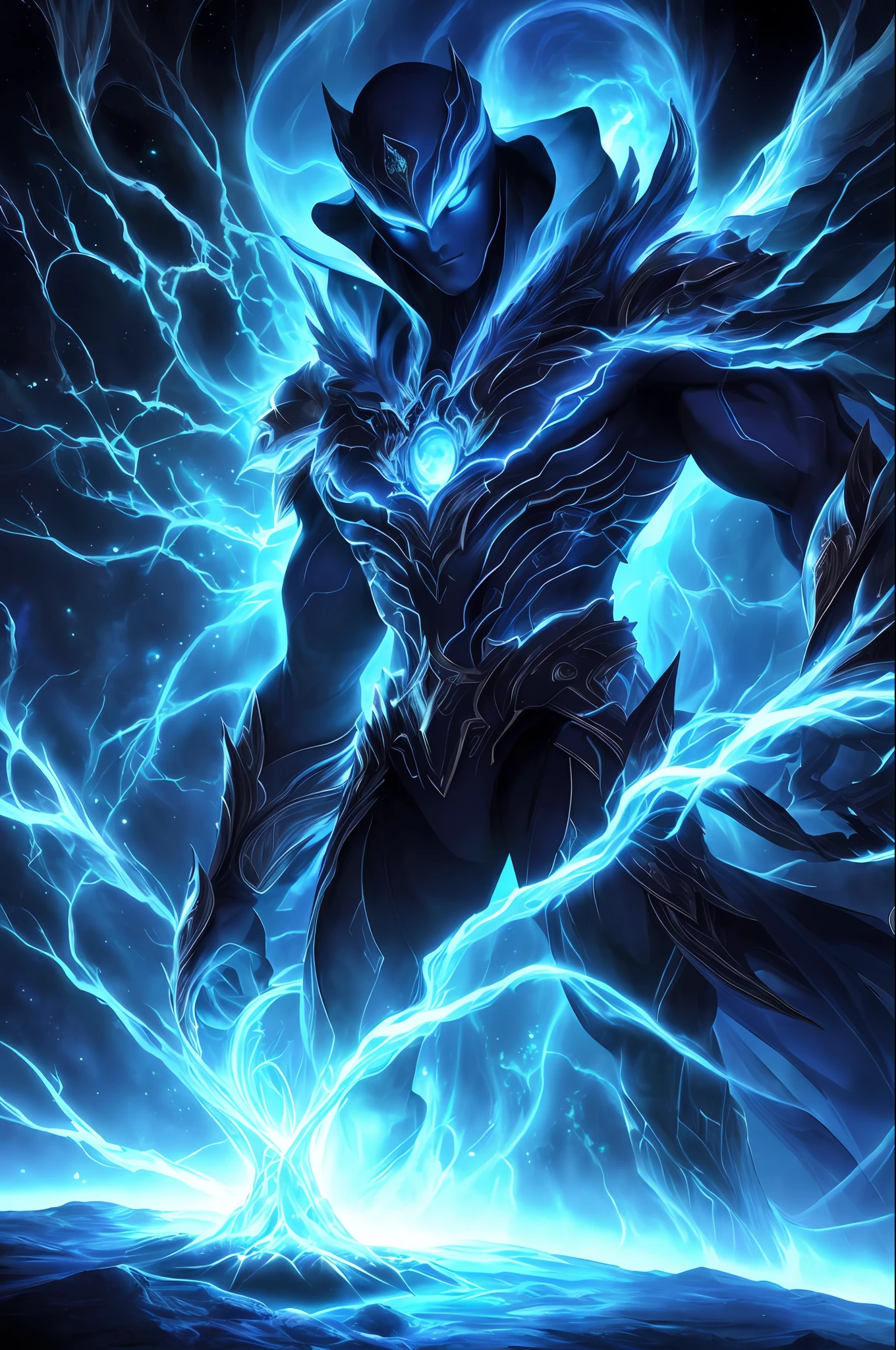 "Create an ultra-detailed, best quality, high-resolution masterpiece depicting an umbral elemental with an inhumanoid figure seeping with blue energy" perfect shadows, high quality shading, photorealistic,