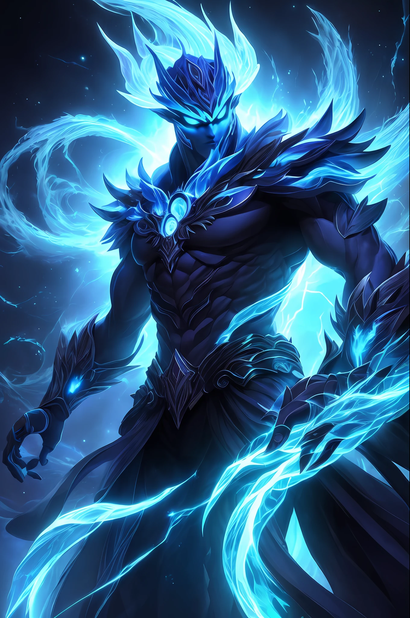 "Create an ultra-detailed, best quality, high-resolution masterpiece depicting an umbral elemental with an inhumanoid figure seeping with blue energy" perfect shadows, high quality shading, photorealistic,
