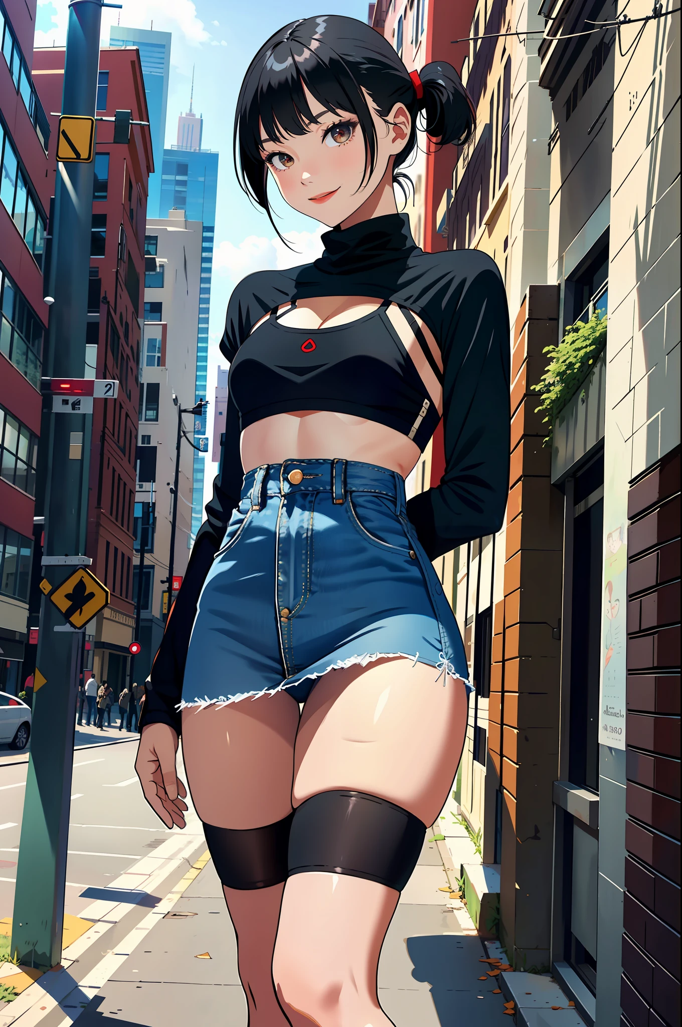 masterpiece, Top Quality, Absurd, Perfect Anatomy, 2, Shrug \(clothing\), the, Miniskirt, Standing, City, Outdoor, Cowboy Shooting, Smile, Black Hair,