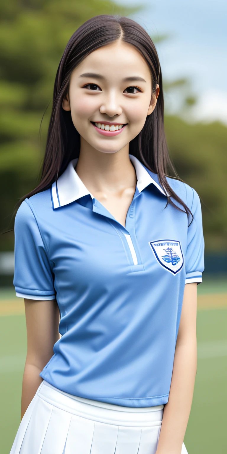 neat college girl, ite, (school uniform, summer clothes, short sleeves), outside the athletic field, (slim), photorealistic, detail, skin texture, ultra detail, delicate and sexy collarbone, smile, super detailed face, detailed lips, detailed eyes, double eyelids