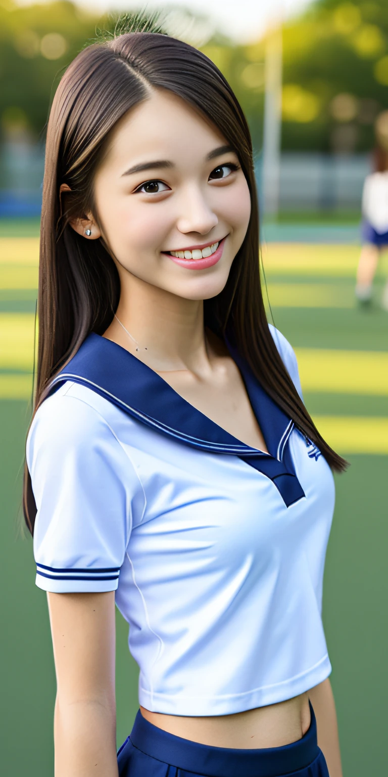 neat college girl, petite, (school uniform, summer clothes, short sleeves), outside the athletic field, (slim), photorealistic, detail, skin texture, ultra detail, delicate and sexy collarbone, smile, super detailed face, detailed lips, detailed eyes, double eyelids