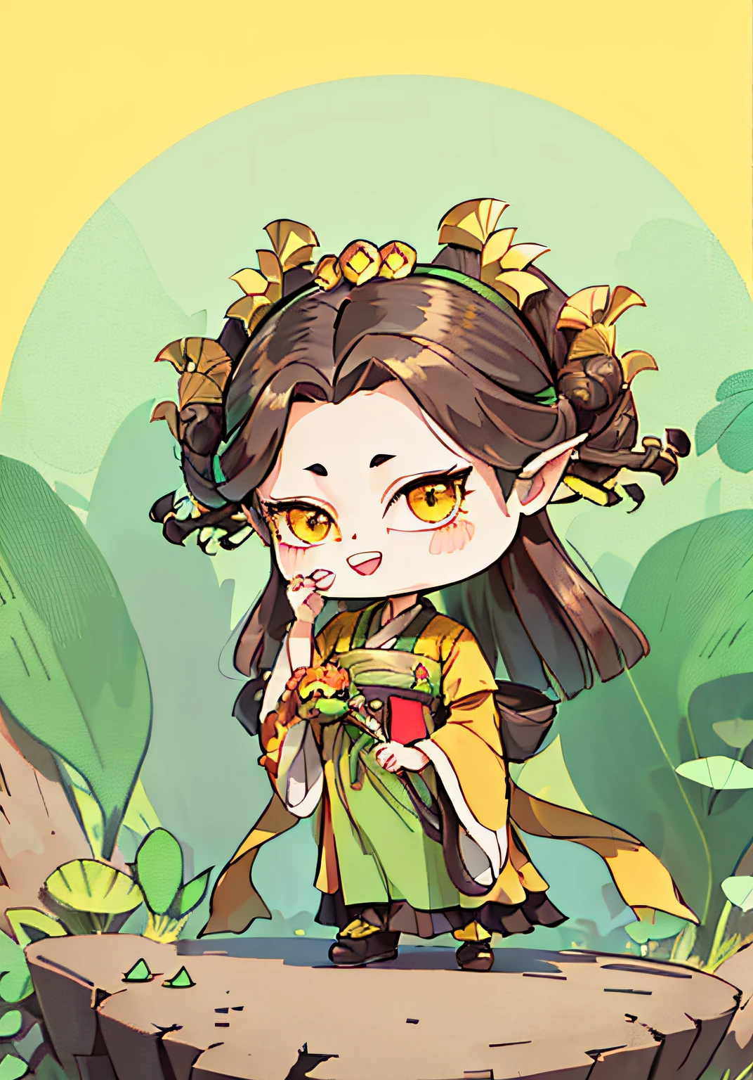 A cartoon girl wearing a rice ear in her hand, ginkgo metal headdress, dark brown hair, vermilion costume, green hemmed golden rice ear, yellow-green rice ear leaves, earthy yellow shoes, light green streamer, bright colors, line art, infinite detail, fine drawing, beautifully depicted, blank background