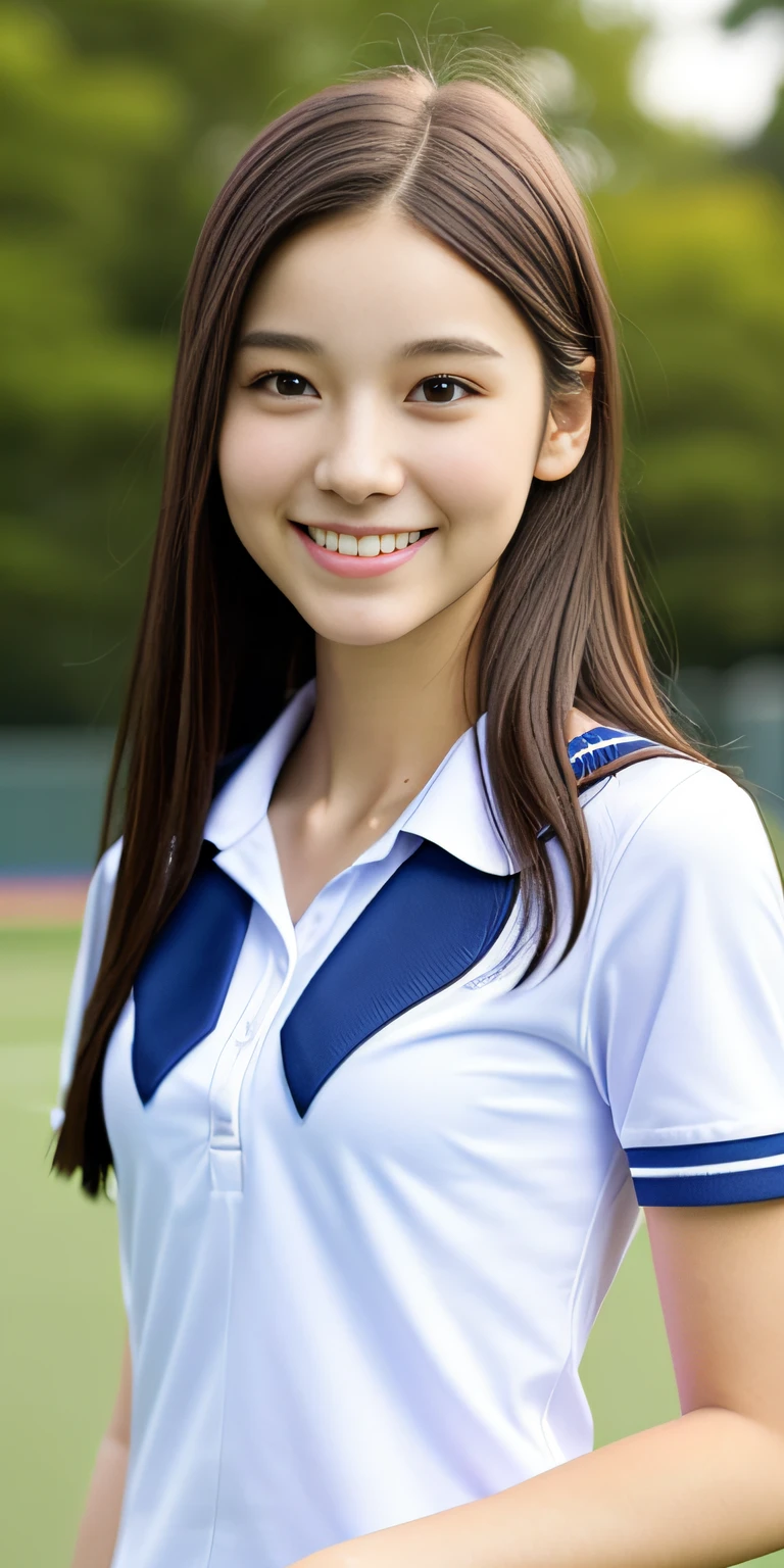 neat college girl, petite, (school uniform, summer clothes, short sleeves), outside the athletic field, (slim), photorealistic, detail, skin texture, ultra detail, delicate and sexy collarbone, smile, super detailed face, detailed lips, detailed eyes, double eyelids