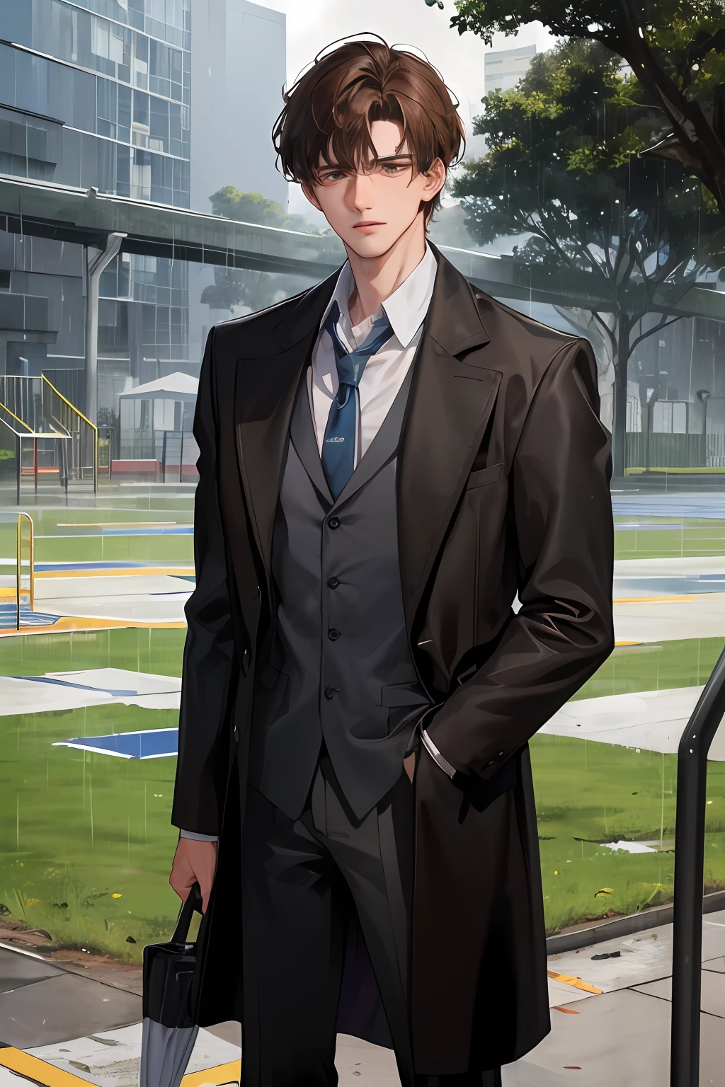 On the school playground, heavy rain, man hands out an umbrella, (high resolution, distinct_image) superb man, masterpiece, high detail, semi-realistic, brown short hair man, brown hair, short hair, medium hair, 18 years old, young, tall and strong, blackened coat, gray-blue clothes, students, college, dashing, natural, handsome, authoritarian, powerful aura, exquisite facial features, facial details, man standing on a huge playground, the sky is raining heavily, rain mixed with sweat on the man's body, school playground, The background is on a plastic track