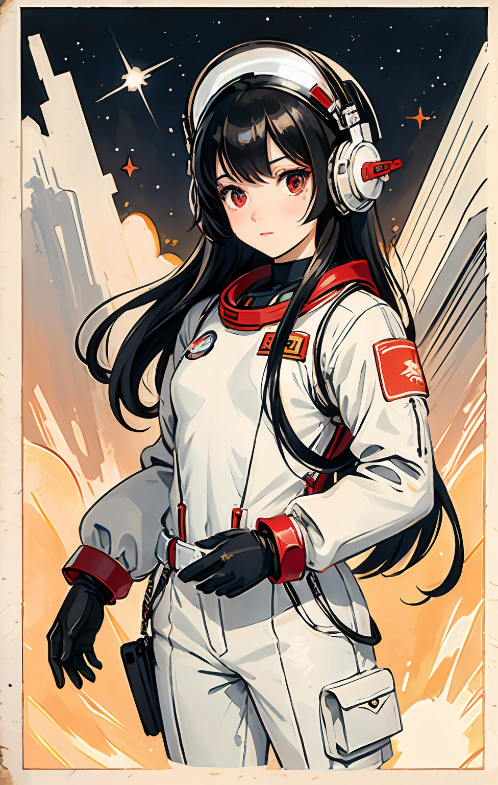 1girl, flat chested, cute, beautiful detailed eyes, shiny hair, visible through the hair, hair between the eyes, CCCPposter, sovietposter, red monochrome, Soviet poster, USSR, communism, black hair, red eyes, vampire ,girl,small breasts,spacesuit:Orange_clothing_body:jumpsuit ), white_gloves, white_space shoes, white_helmet, CCCP scarlet letters on the top of the helmet, weightlessness, Side light, reflection, the person in the spacesuit is at the bottom left of the picture, right hand outstretched, right hand Gently touch the Salyut space station), the space station in the upper right corner of the screen, the reflected light of the sun, silver metal, red flag, brilliance, Soviet style, diffuse reflection, metal texture, blue earth in the distance, mech style, star sea, high-profile, majestic