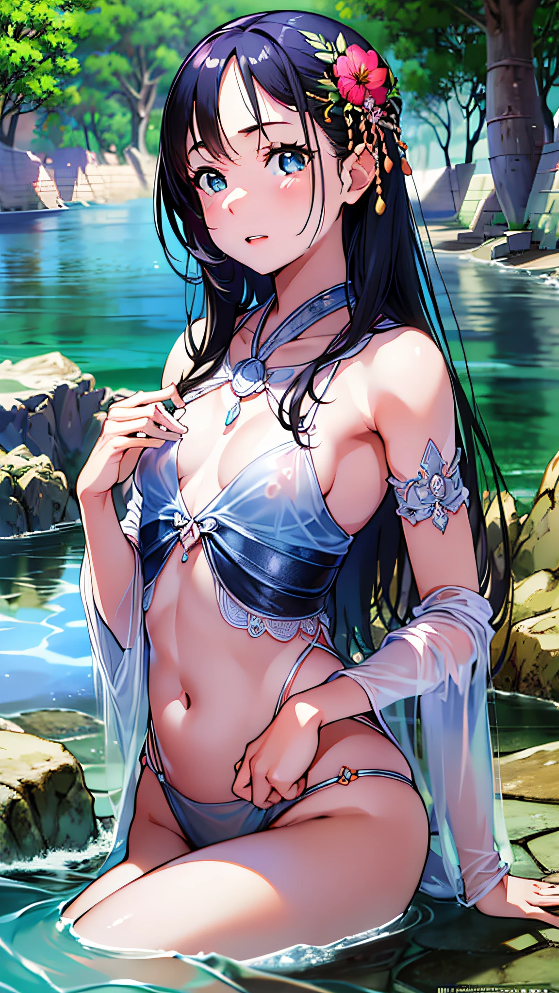 (8k, RAW photo, best quality, masterpiece: 1.4), ultra high definition, (realistic, photorealistic: 1.48), beautiful lake, (flat chest:1.2), young girl, 20 years old, whole body, Japanese famous actor, see-through costume, transparent white
