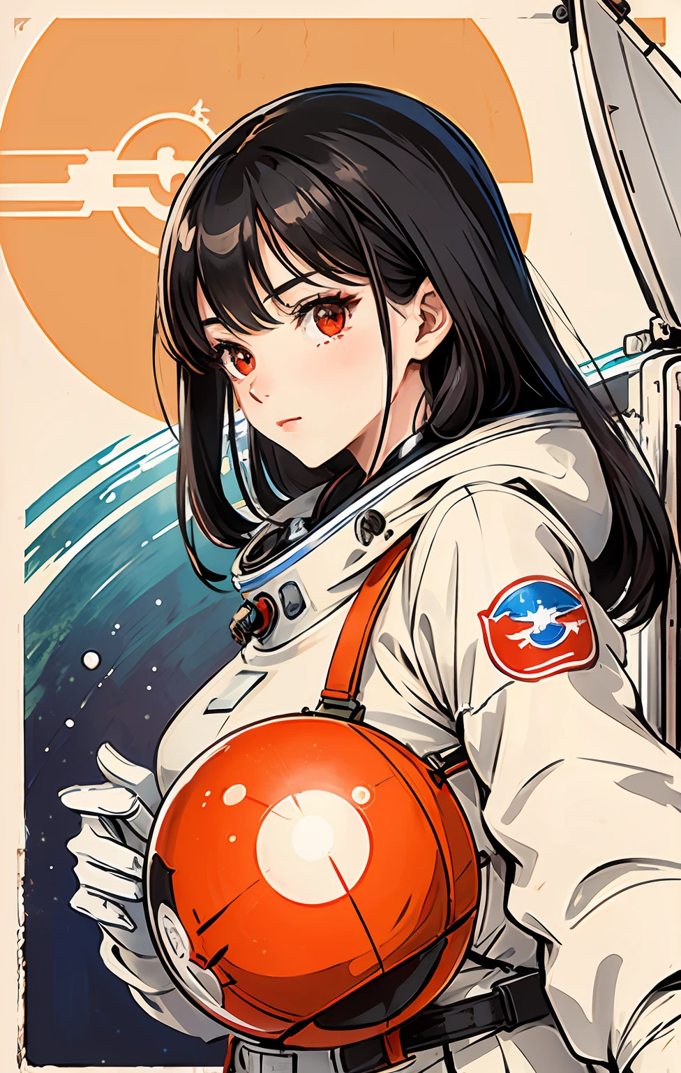 1girl, flat chested, cute, beautiful detailed eyes, shiny hair, visible through the hair, hair between the eyes, CCCPposter, sovietposter, red monochrome, Soviet poster, USSR, communism, black hair, red eyes, vampire ,girl,small breasts,spacesuit:Orange_clothing_body:jumpsuit ), white_gloves, white_space shoes, white_helmet, CCCP scarlet letters on the top of the helmet, weightlessness, Side light, reflection, the person in the spacesuit is at the bottom left of the picture, right hand outstretched, right hand Gently touch the Salyut space station), the space station in the upper right corner of the screen, the reflected light of the sun, silver metal, red flag, brilliance, Soviet style, diffuse reflection, metal texture, blue earth in the distance, mech style, star sea, high-profile, majestic