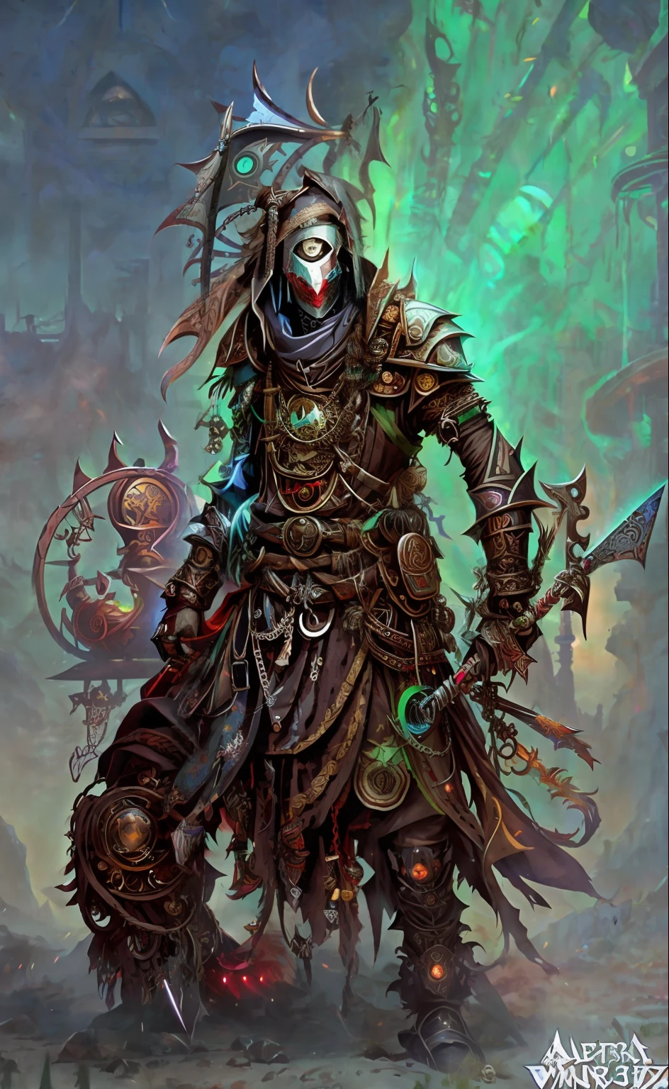 a close up of a person with a sword and a shield, lich vecna (d&d), african cyberpunk wizards, witch - doctor, cyberpunk angry gorgeous druid, steampunk arcane shaman, d&d dark sun character art, d & d lich, male necromancer, cyborg necromancer, shaman witch, from pathfinder