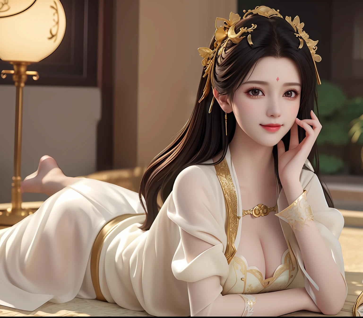 masterpiece,best quality,(8k,RAW photo,best quality,masterpiece:1.2),((best quality)),ultra high res,extremely detailed CG unity 8k wallpaper,physically-based rendering,cinematic lighting, huge breasts, best quality, HDR, beautiful face, lace on body, Tyndall effect, realism, silky long hair, black hair moving in the wind, deep eyes, slender waist, lying on the stomach, silk fabric, bright and silky skin, 3D stereoscopic, masterpiece, best quality, illustration super fine, beautiful eyes, very delicate light, fine glow, very fine 8K, smile