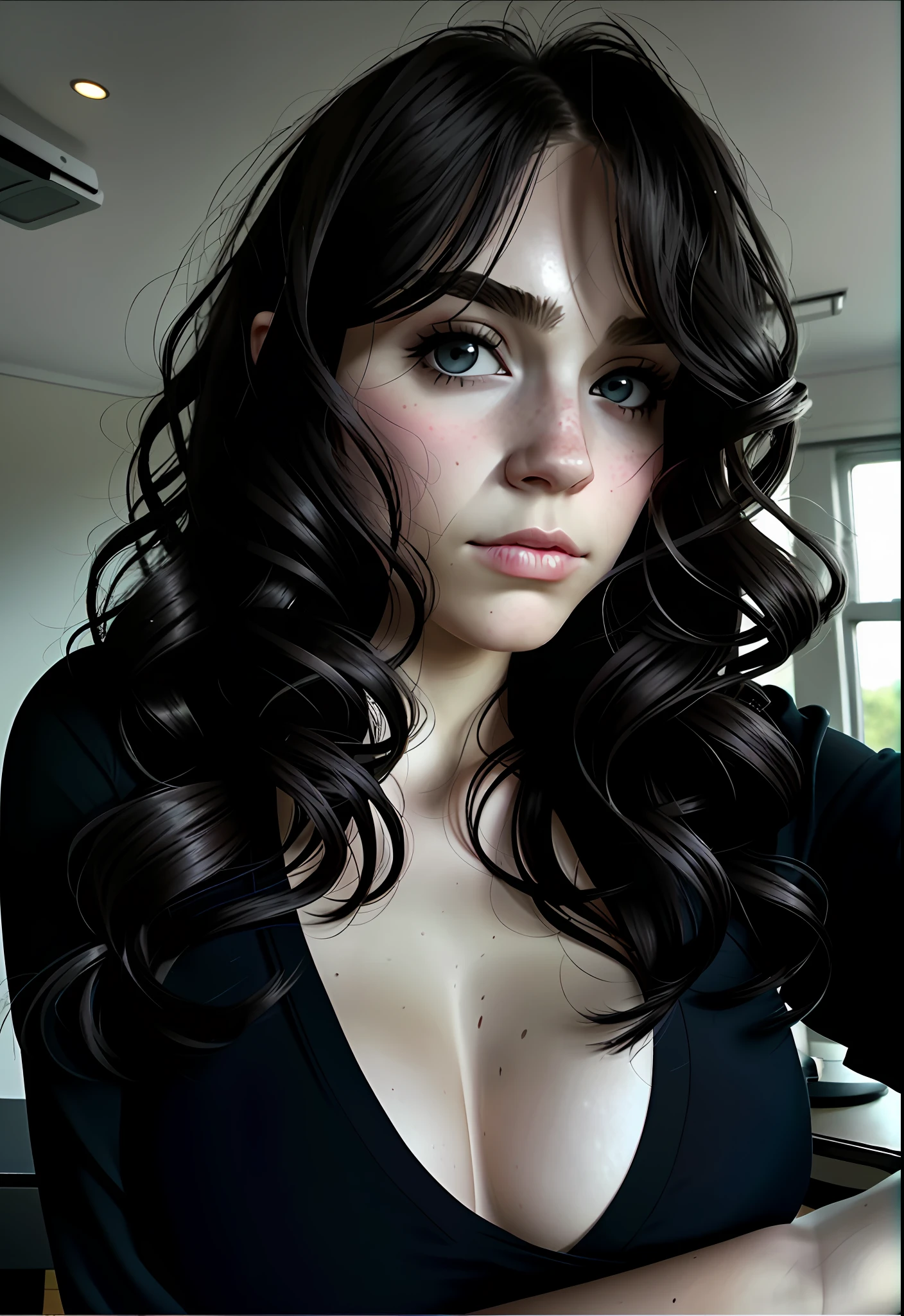 1girl, breasts, black_hair, cleavage, solo, looking_at_viewer, long_hair, lips, realistic, black_eyes,  short_sleeves, indoors, closed_mouth, upper_body, brown_eyes, large_breasts, head_tilt, nose, expressionless, forehead, parted_bangs, sitting, bangs, solo_focus, makeup, frown, wavy_hair, window, grey_eyes, Big, nude,, nsfw, Big tits